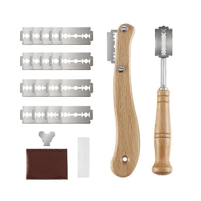 2 Pack Wooden Handle Bread Lame Bread Cutting Tool Dough Lining Tool Strap Replaceable Blades for Baking