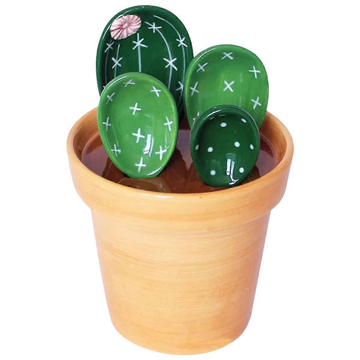 4Pcs Porcelain Measuring Spoons Set with Base Cute Cactus Shape Stirring Soup Spoon Reusable and Durable Ceramic Flower Pot Measuring Spoon Set for Ho