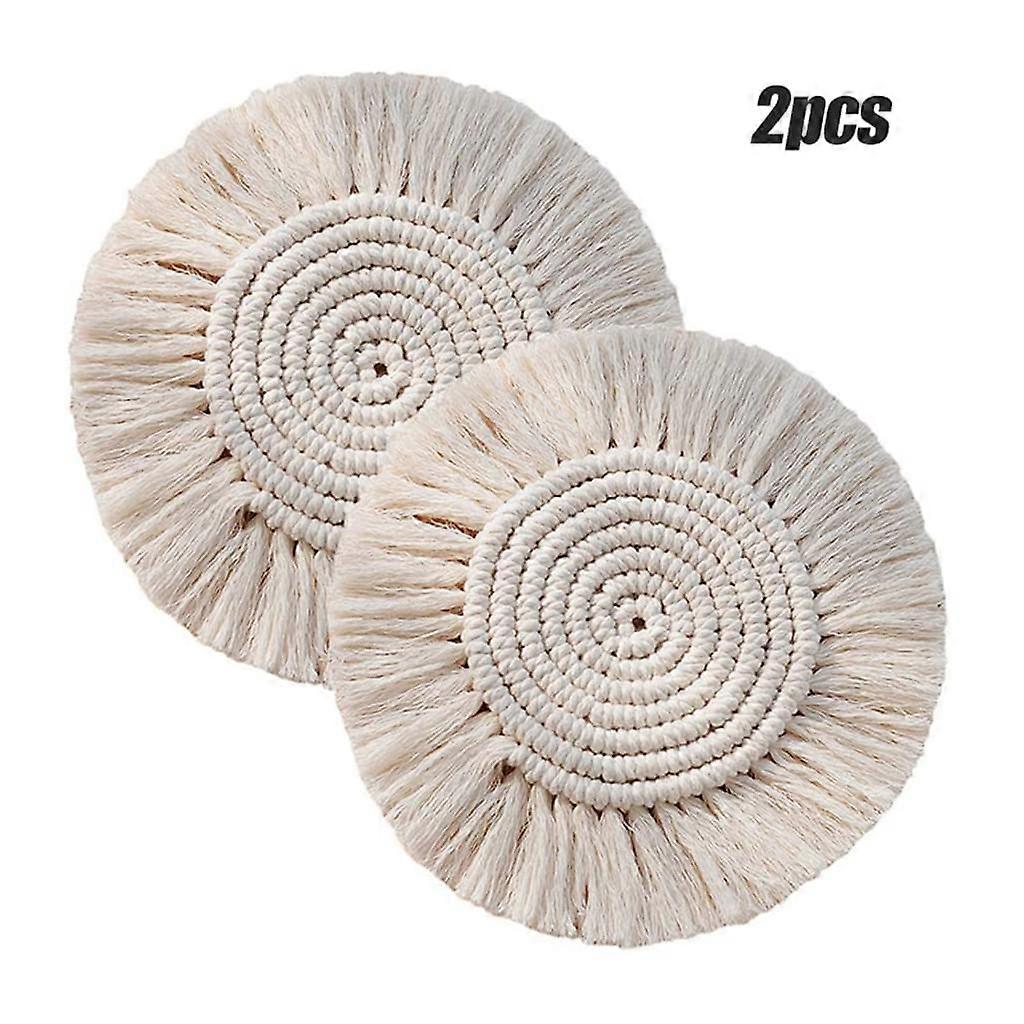 2 PCS Boho-style handmade macrame coasters made of cotton, creamy white