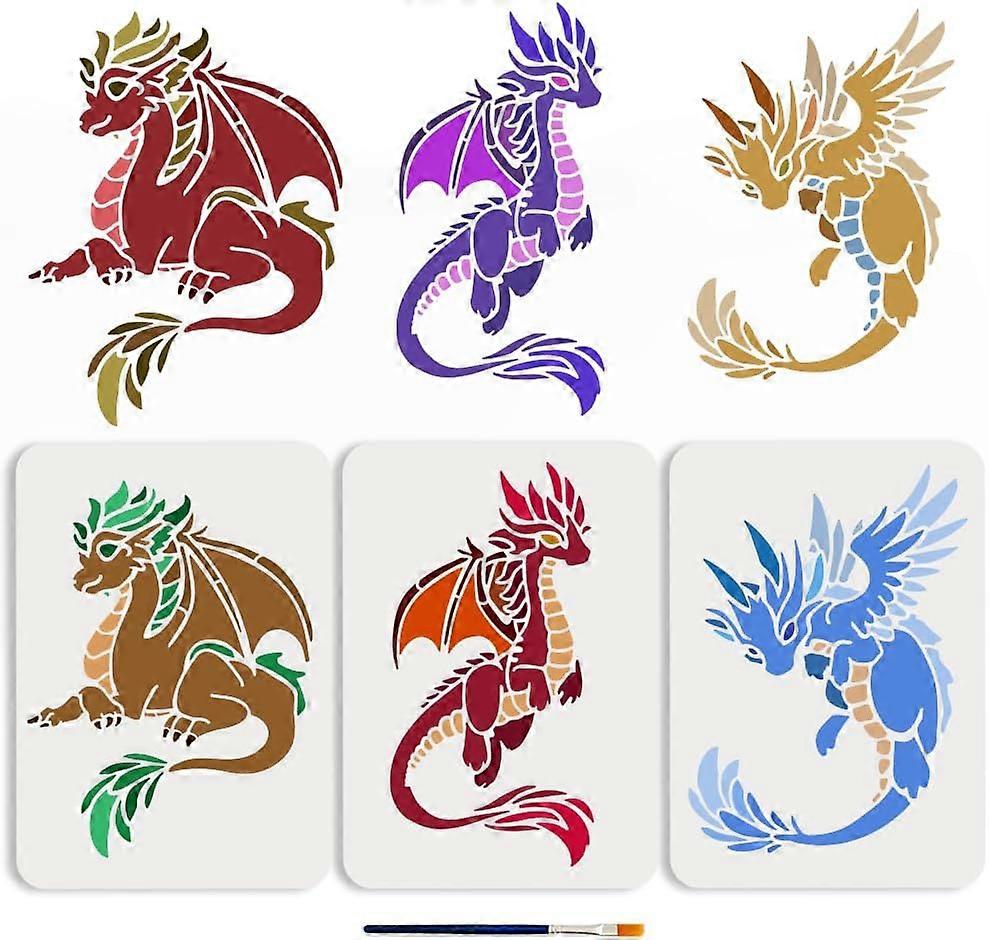 3pcs Dragon Stencils 11.78.3inch Medieval Dragon Stencils with Paint Brush Reusable Flying Dragon Drawing Templates for Wood Canvas Paper Fabric Wall