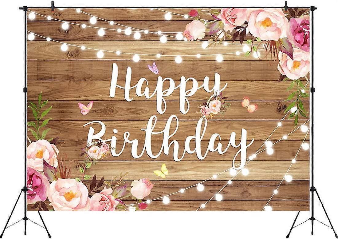Toile De Fond Joyeux Anniversaire Rose Floral Pour Femme – 2,1x1,5 M – Fleurs, Papillons, Bois – Parfait Pour Photos Et Déco De Fête