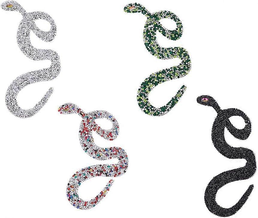 4Pcs 4 Colors Snake Rhinestone Applique Crystal Badge Snake Fabric Embroidery Patches Colorful Snake Shape Iron On Patches for Clothes Bag Pants Shoes