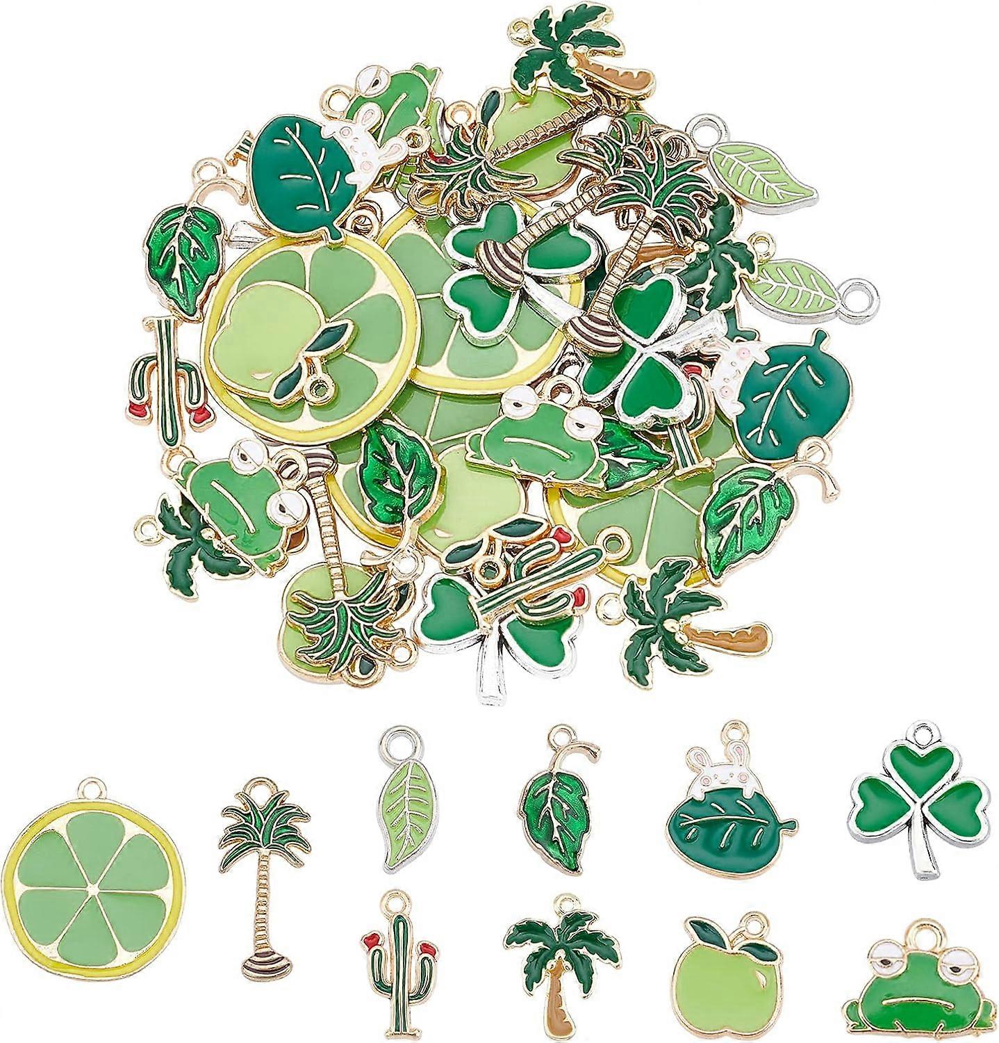 40 Pcs 10 Styles Alloy Enamel Pendants Green Enamel Charms Pendants Cute Shamrock Leaf Coconut Tree Rabbit Lemon Slice Cactus Frog Enamel Charm for Ne