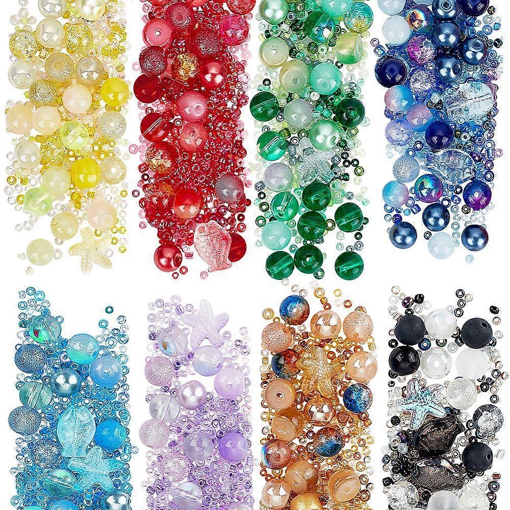 8 Color Glass Beads Round & Starfish & Fish & Rondelle Mixed Style Mixed Color 2~14x2~10x1~8.5mm Hole: 0.8~1.5mm