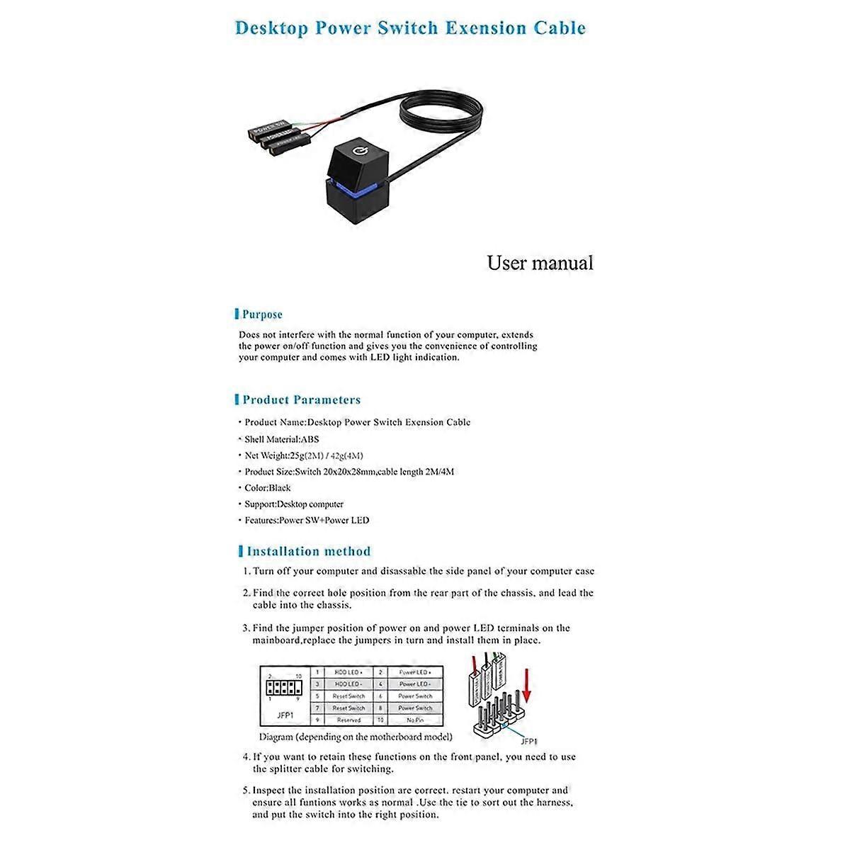 Computer Desktop Switch Colorful LED PC Motherboard External Start Power on/Off Button Extension Ca