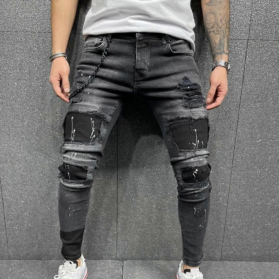 Bărbați Rupe Imprimat Blugi Patch Stretch Small Leg Blugi Nou