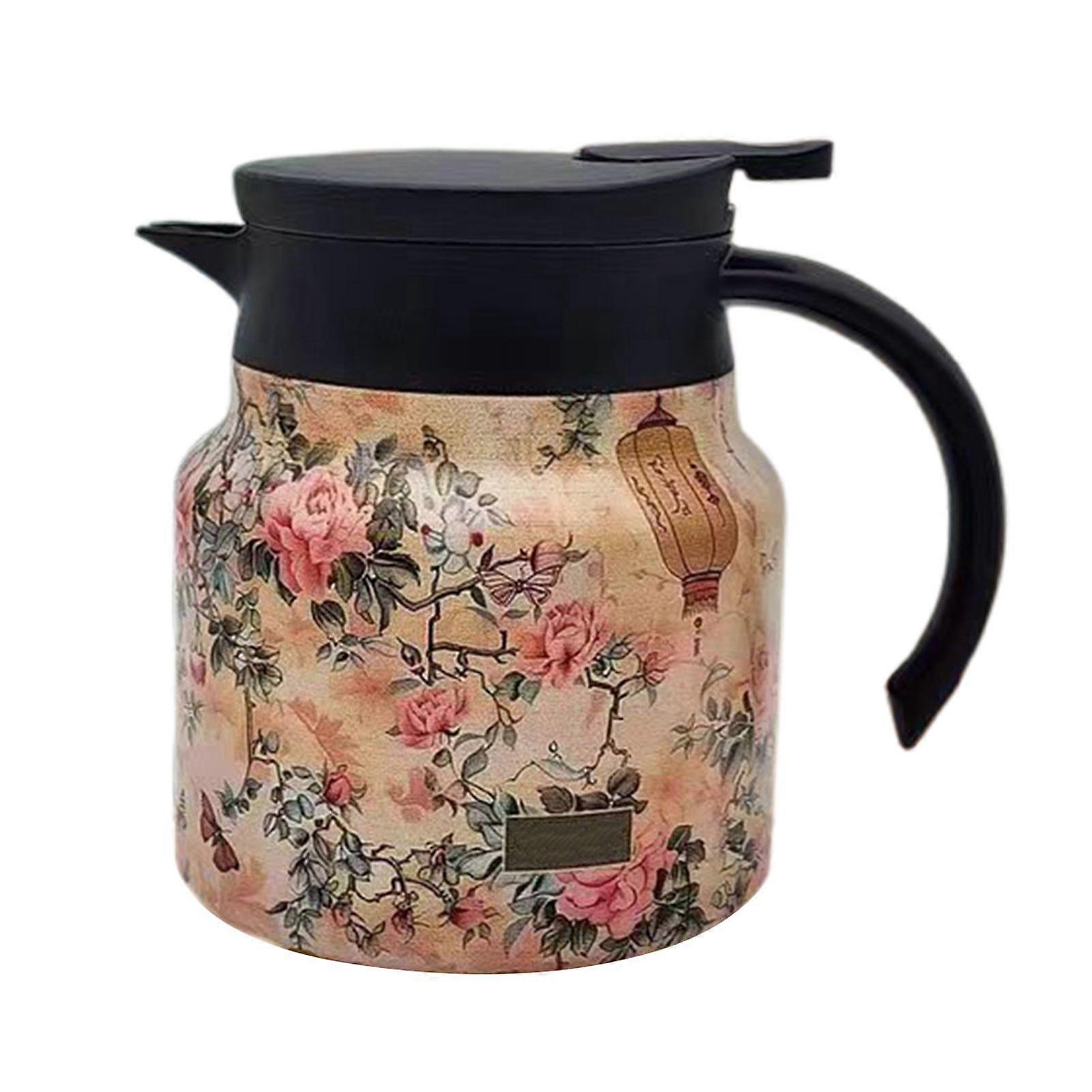 Qinghai Thermal Coffee Carafe Insulated Tea Pot with Built-in Filter V-Shaped Spout Retro Floral Pattern Water Tea Pot Beverage Pitcher