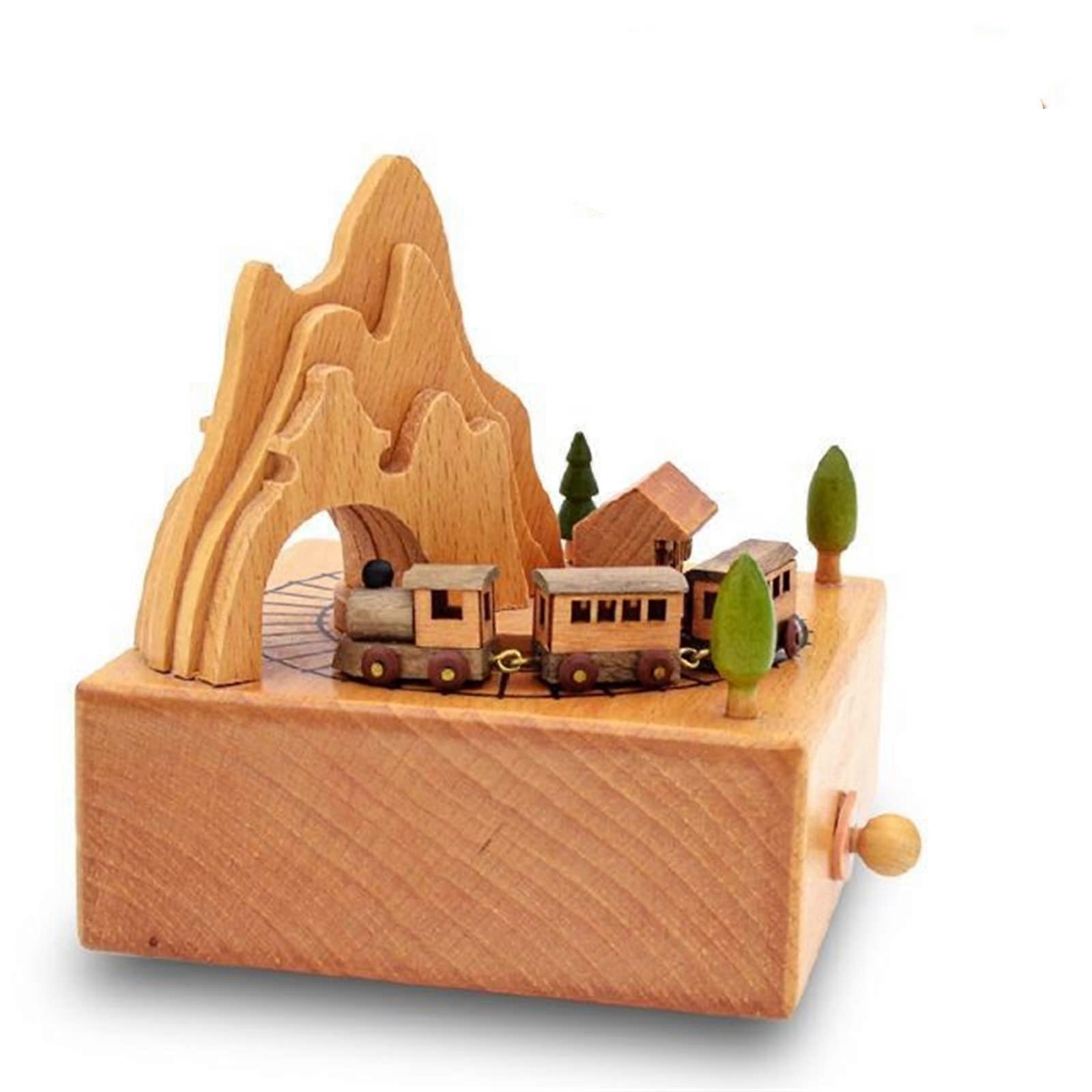 Handmade Wooden Rotating Music Box - Vintage Castle Toy with Mountain Tunnel and Moving Magnetic Train Decoration