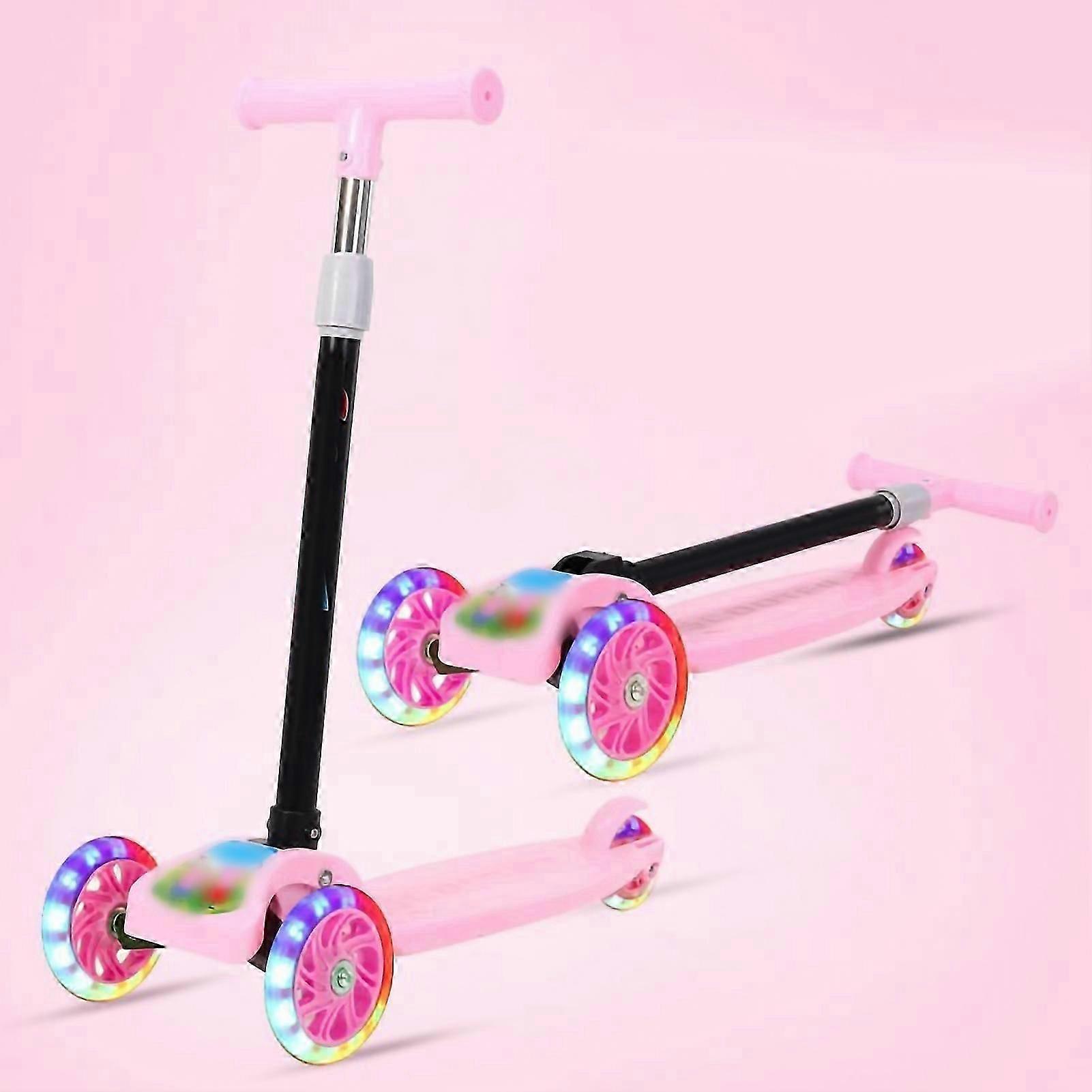 Sammenleggbar Barn Scooter 3 Blinkende Hjul Glider Push Justerbar Høyde Bred Deck For 28 År Gutter Jenter Rosa