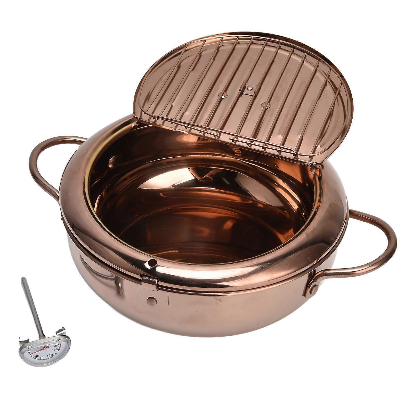 Deep Frying Pot with Oil Temperature Gauge Double Layer Bottom Stainless Steel Cooking Fryer for Kitchen