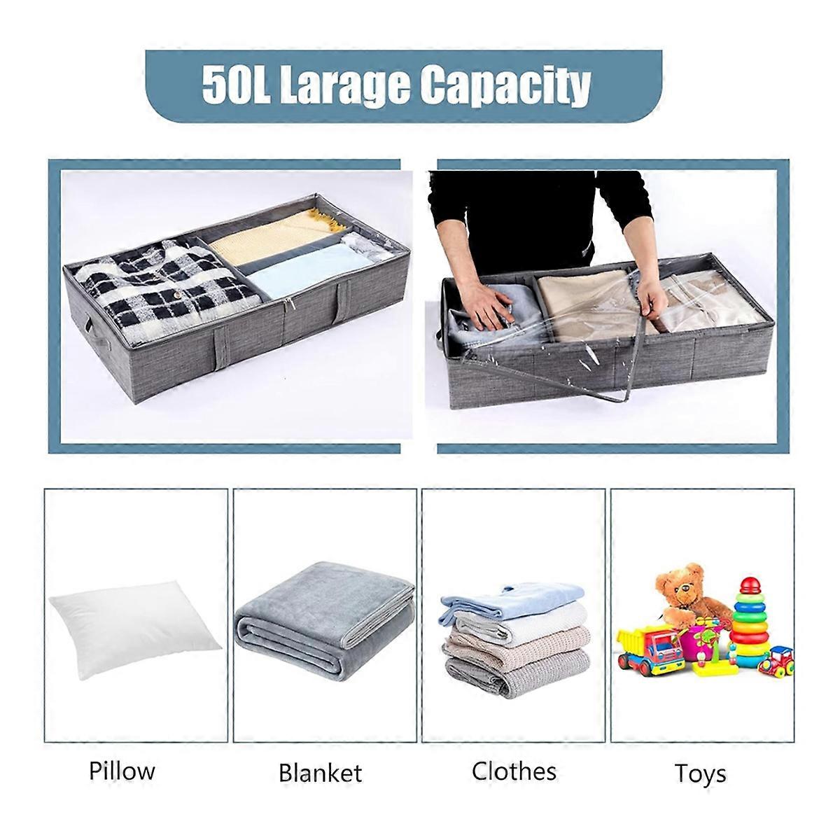 50L Under Bed Storage Box with Lid, Foldable Linen Storage Box