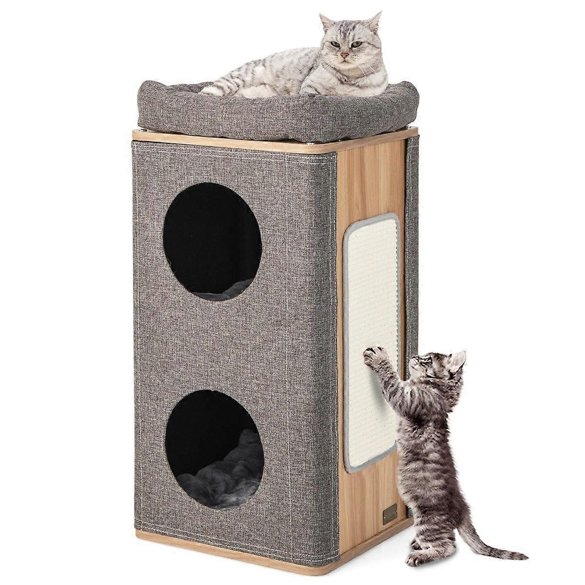 3-Tier Cat Cave with Scratching Board and 3 Mats Play Tub for Cats Up to 20 kg Grey + Nature