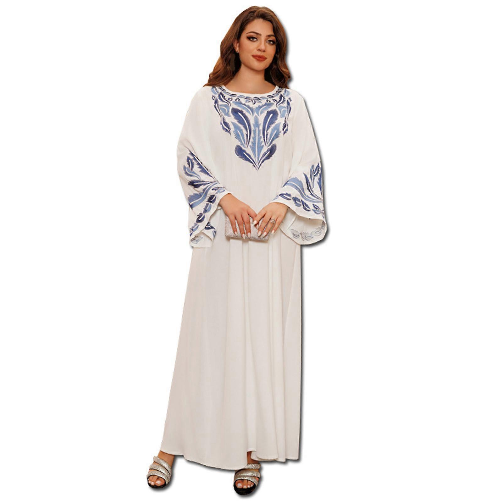 ファッショナブルな女性のための刺繍とラインストーン付きの洗練されたイスラム教徒のロングドレス、アラビアのイスラム教のイブニングドレス、ローブ、ホワイトXL