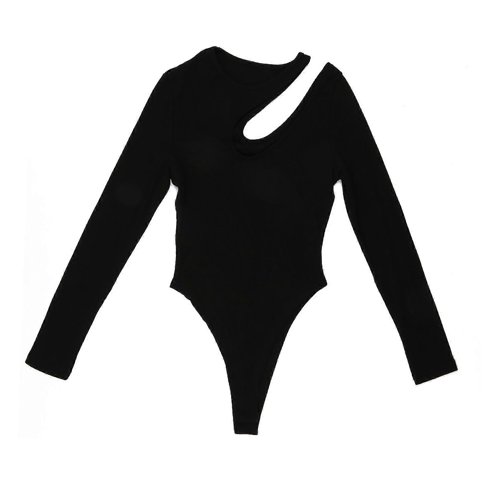 المرأة مستديرة الأكمام طويلة ثونغ بدلة أعلى مثير قطع الكتف عادي لون الصلبة نحيف Bodycon رومبير جمبسوت أسود S