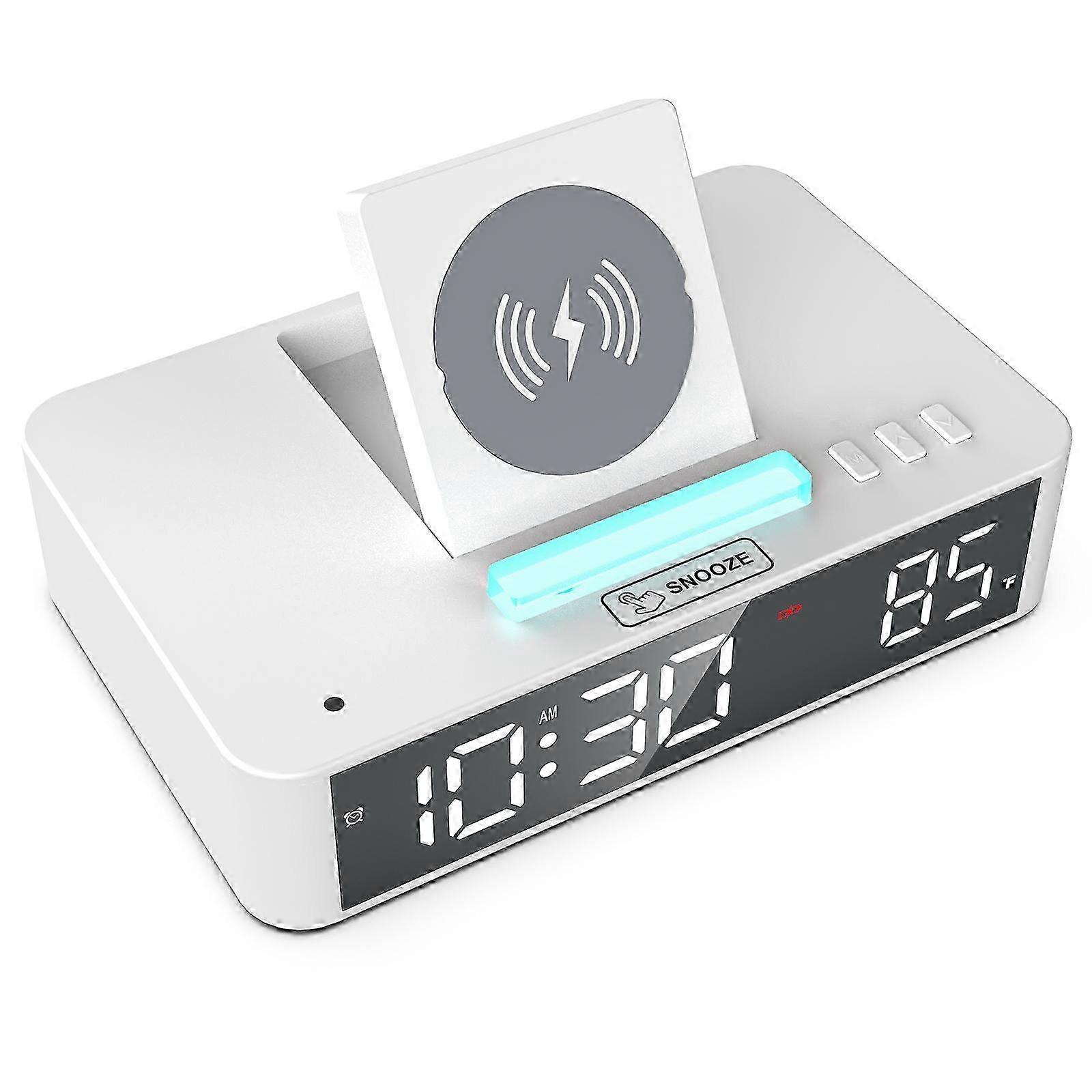 Multifunctional LED Mirror Digital Alarm Clock Desktop Electronic Clock with RGB Ambient Light Snooze Mode Temperature Display 10W Wireless Charging F