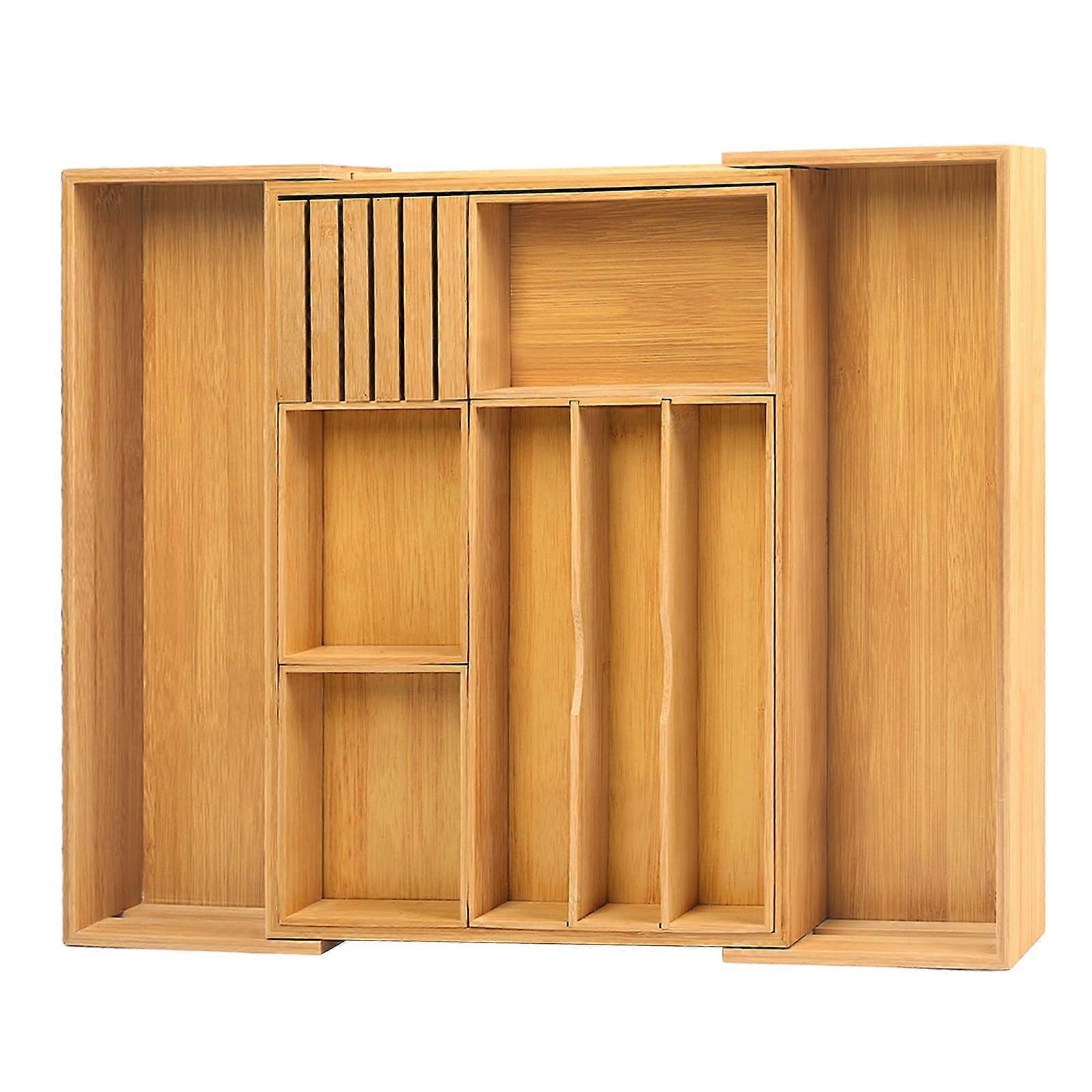 Bamboo Kitchen Drawer Organizer - Expandable Silverware Tray with Removable Dividers and Knife Block, 3-10 Slots Natural