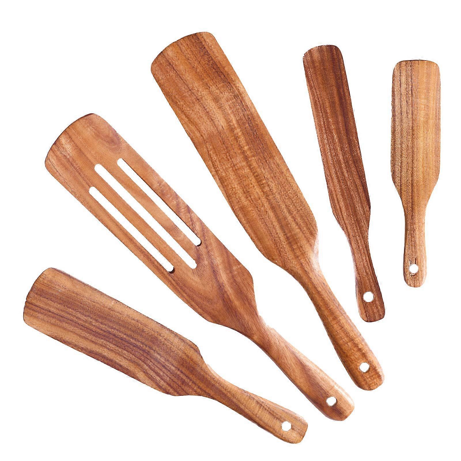 Wooden Spurtle Set of 5 Kitchen Utensils for Baking, Cooking, Stirring, and Whisking - Durable and Eco-Friendly