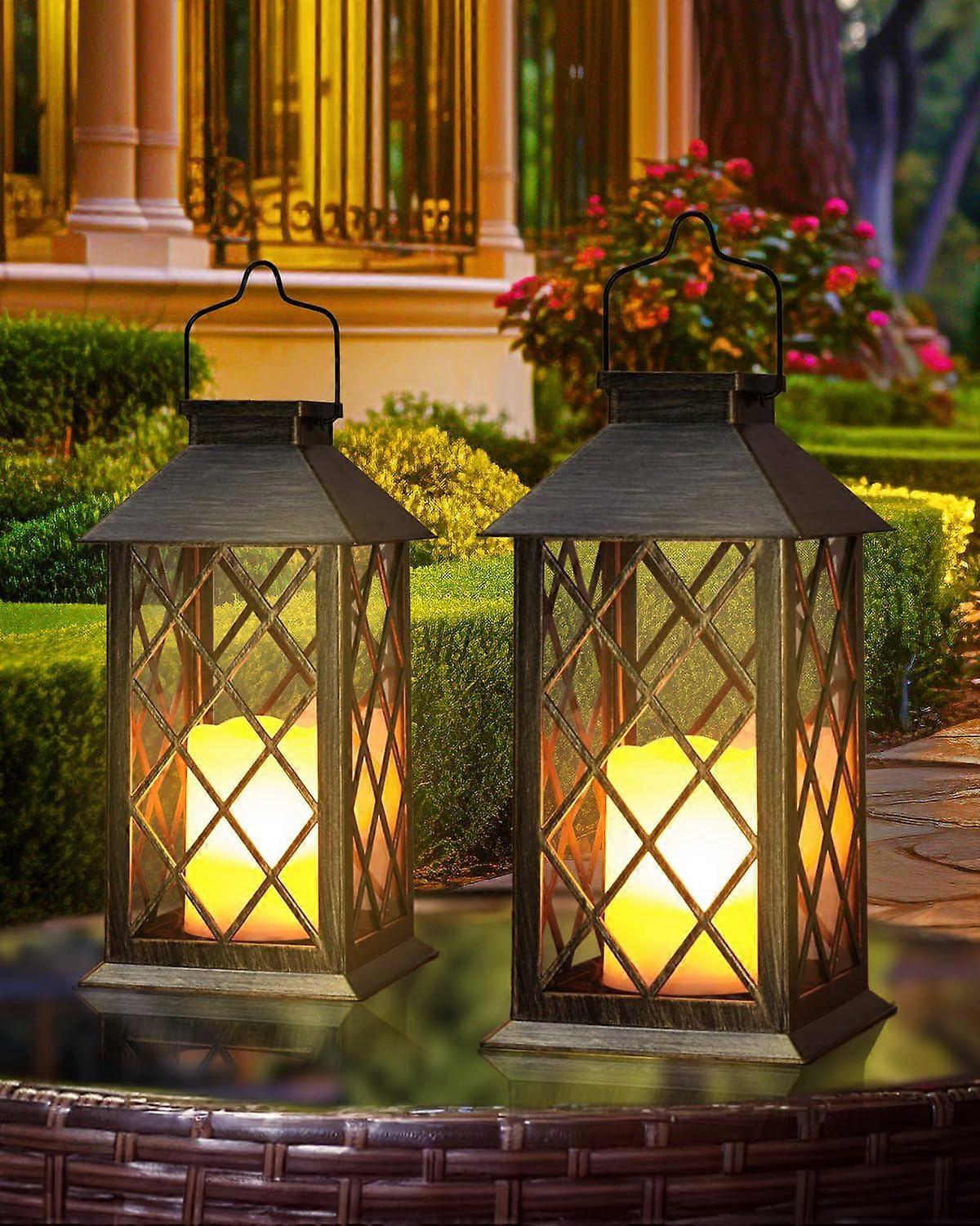 Solar Lanterns Outdoor, 2 Pack 14' Solar Lantern with Glass Retro LED Flickering Flameless Candle