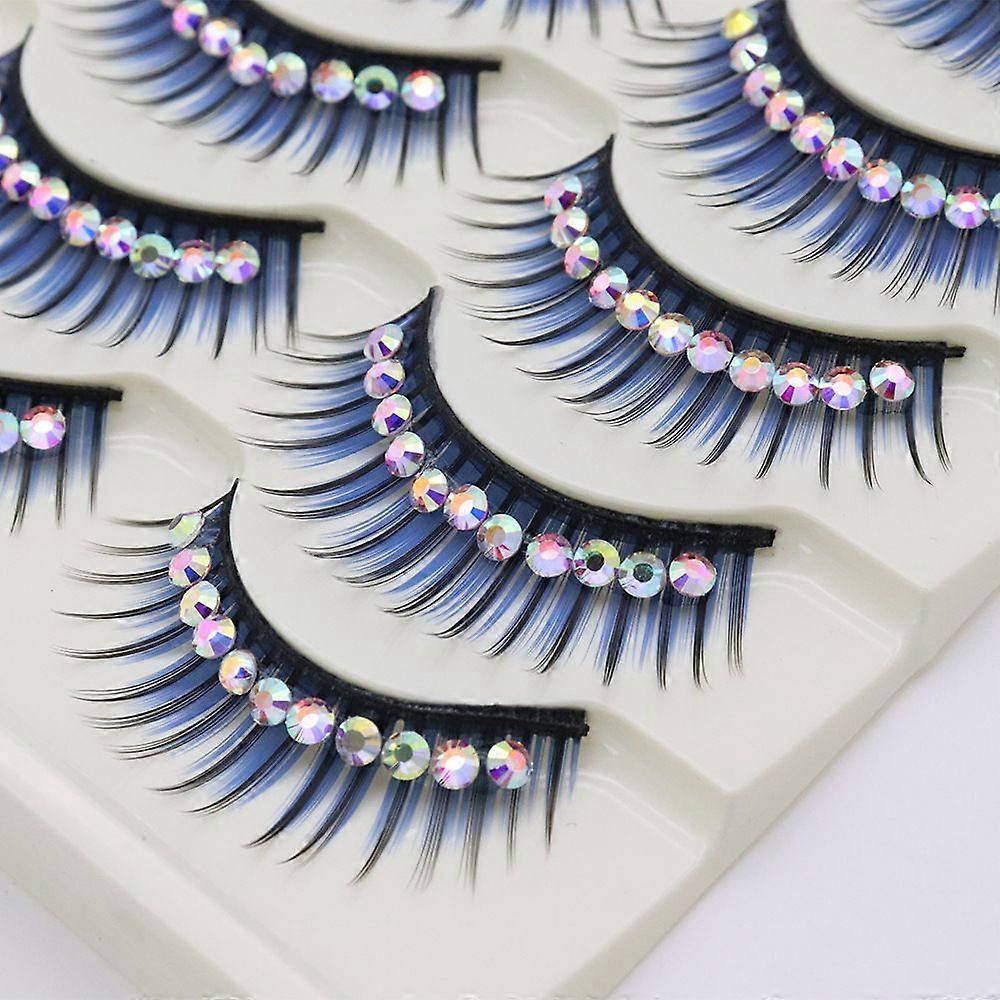 5 Pairs Colorful Blue False Eyelashes with Drilled and Exaggerated Glitter Diamonds Stage Performance Makeup Fake Eyelashes Owl False Eyelashes Extens