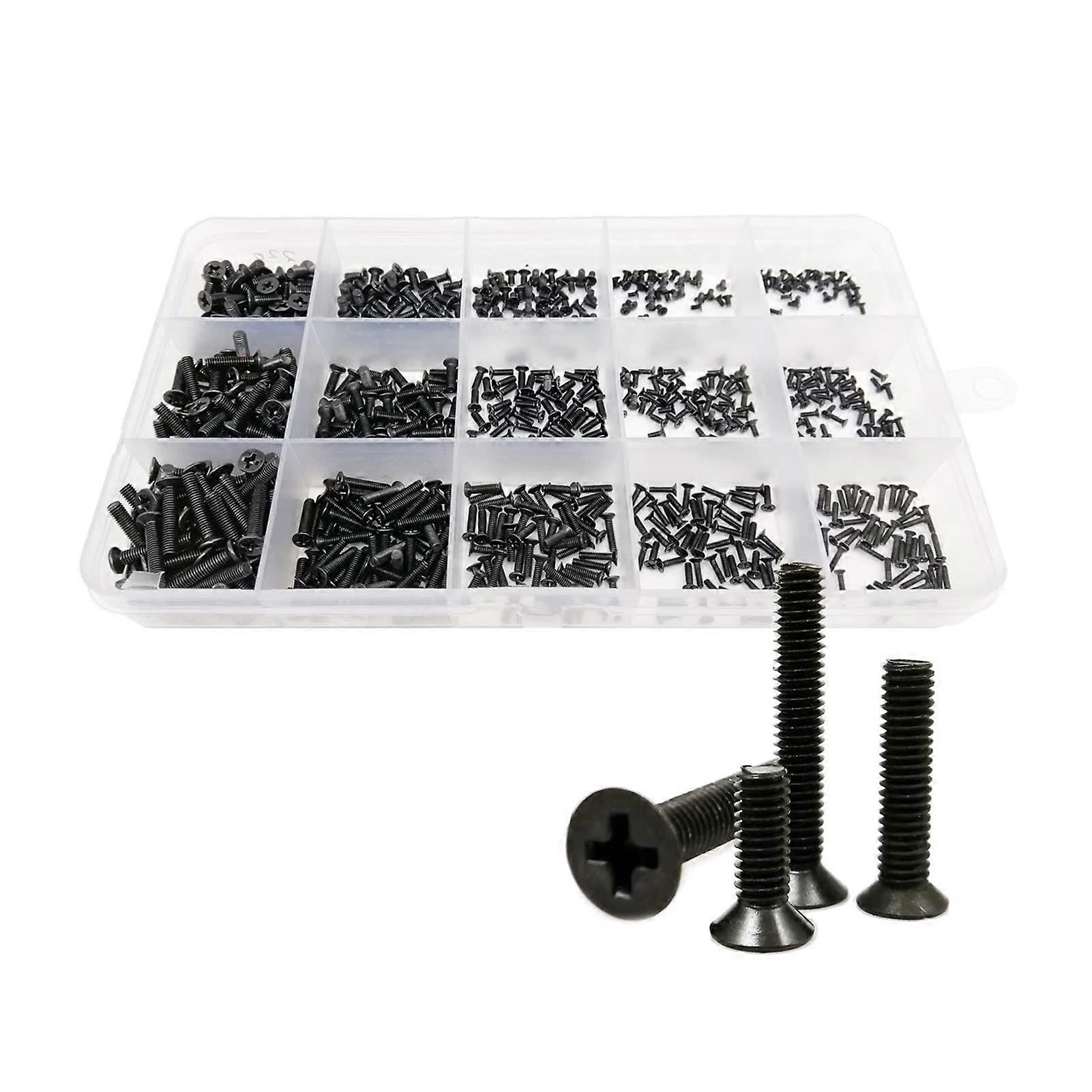 Wshao Store M1.4 M1.6 M2 M2.5 M3 Black Mini Cross Flat Countersunk Head Screw Bolt Nut Assortment Kit 750pcs