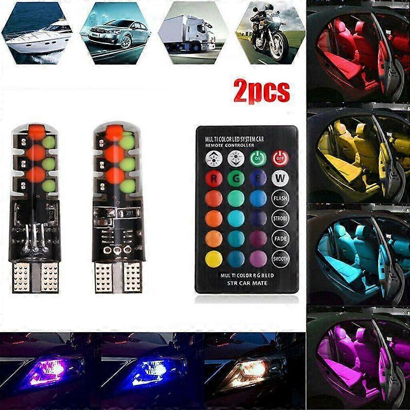 2Pcs T10 Cob Rgb Led 6Smd Car Wedge Side Multicolor Light Bulbs Remote Contro