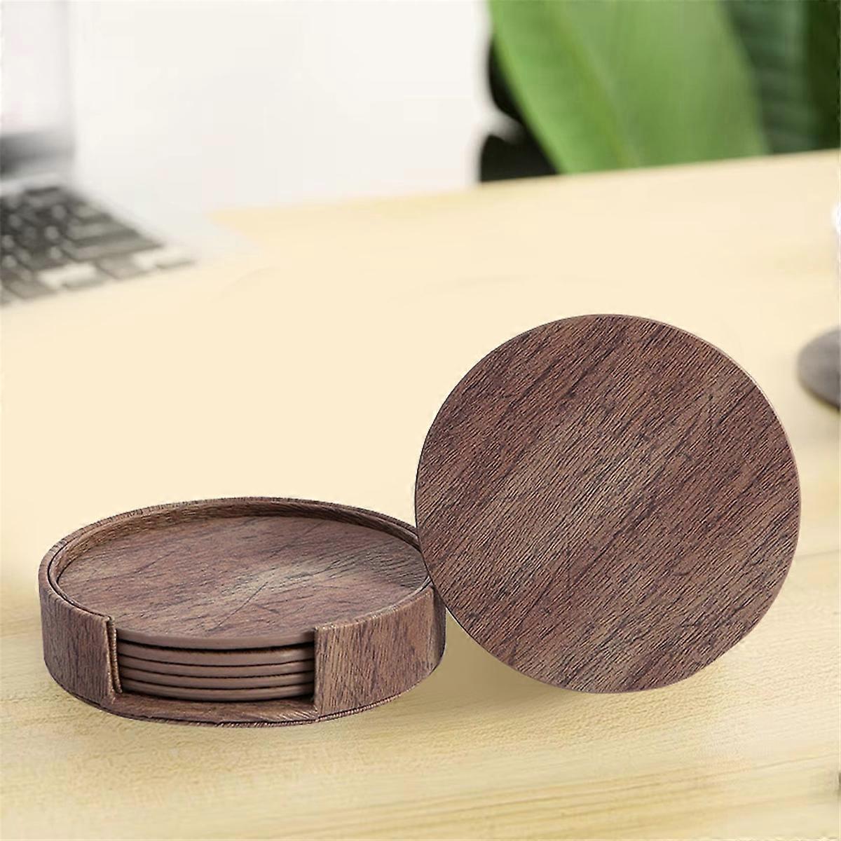 Set of 6 Wood Grain PU Leather Coasters Placemats Tea and Coffee Cups Cushions Home Bar Counter Insu