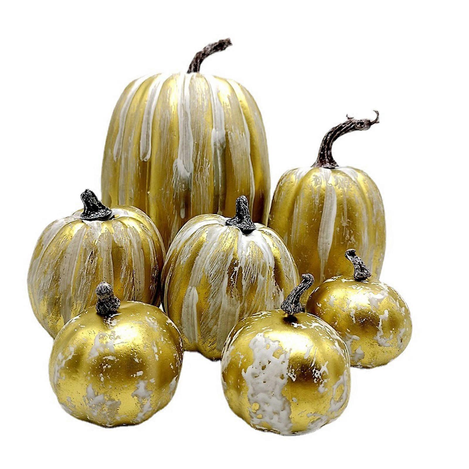 Set of 7 Gold Foam Realistic Pumpkin Decorations for Autumn Thanksgiving Halloween Fall Home Decor with Different Size