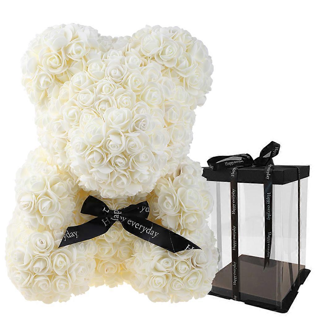 40cm Rose Flower Bear with Gift Box Valentines Day Gift for Girlfriend Birthday Anniversary Wedding Home Decor Milky white