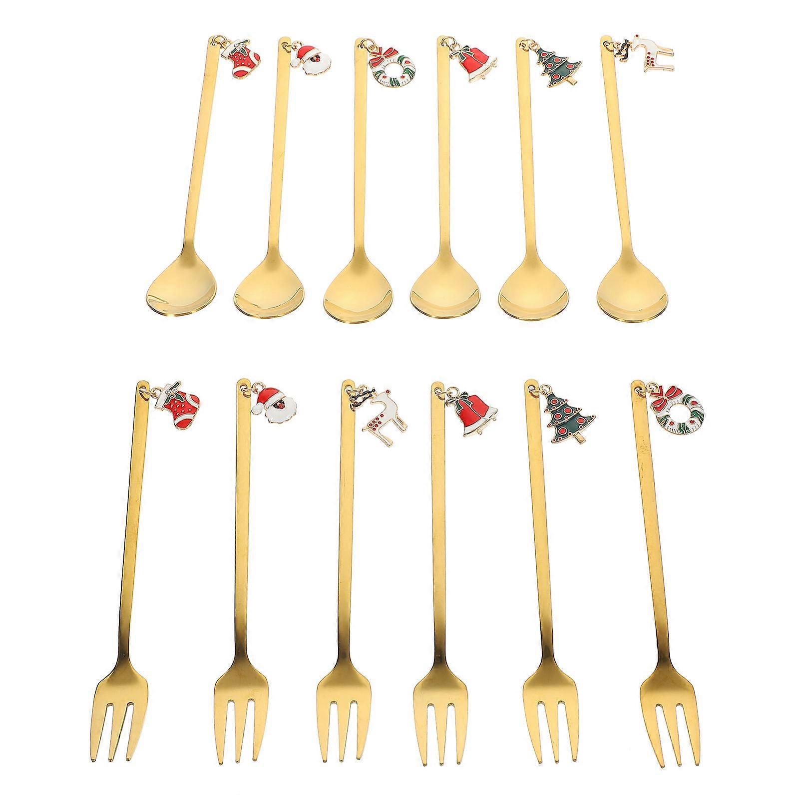 Christmas Style Stainless Steel Dessert Spoon Fork Set, Smooth Surface Tableware for Ice Cream, Fruit, and Tabletop Decor
