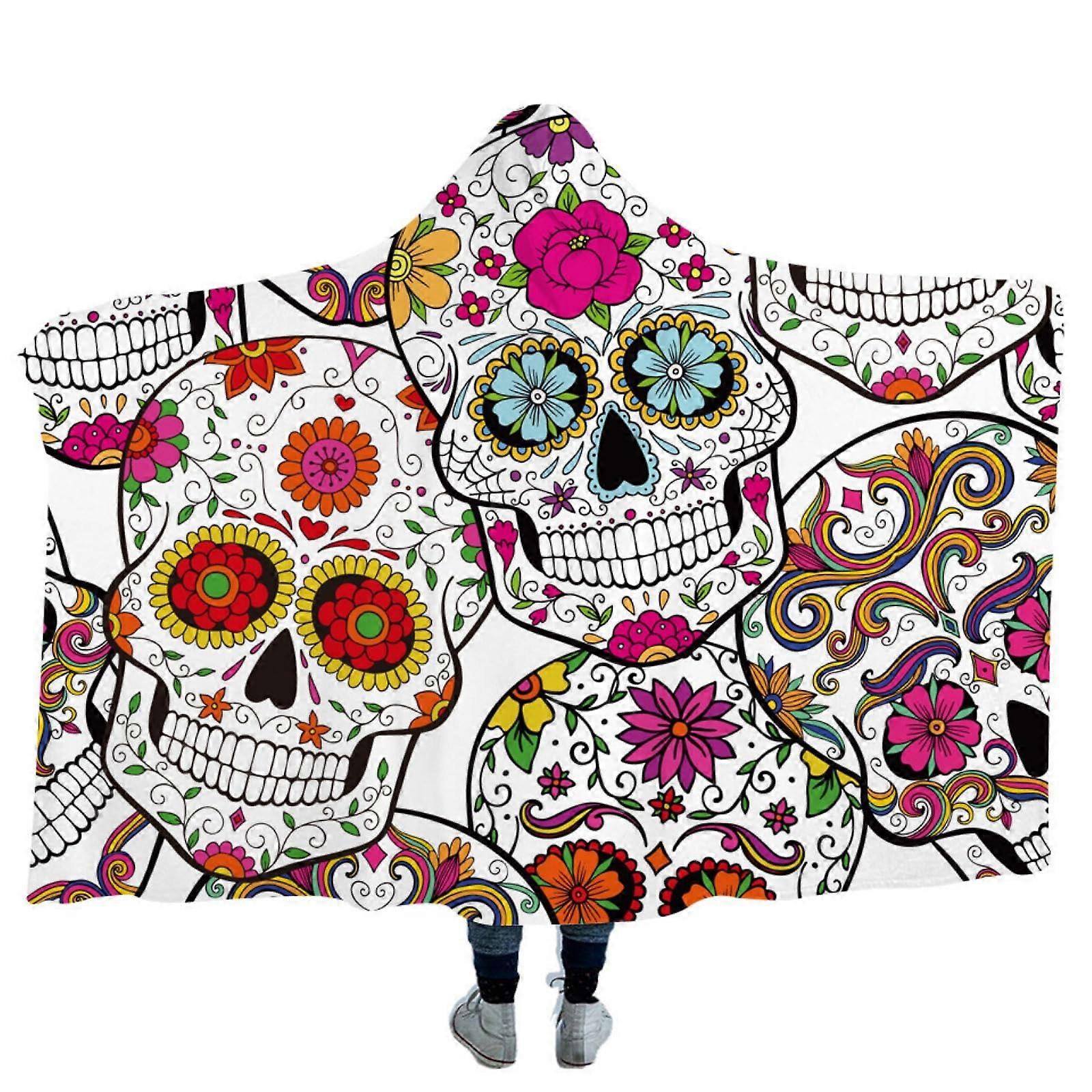 Skull Hooded Blanket 150 x 200 cm, Soft Warm Fleece Blanket with Colorful Skull Pattern for Halloween and Sofa