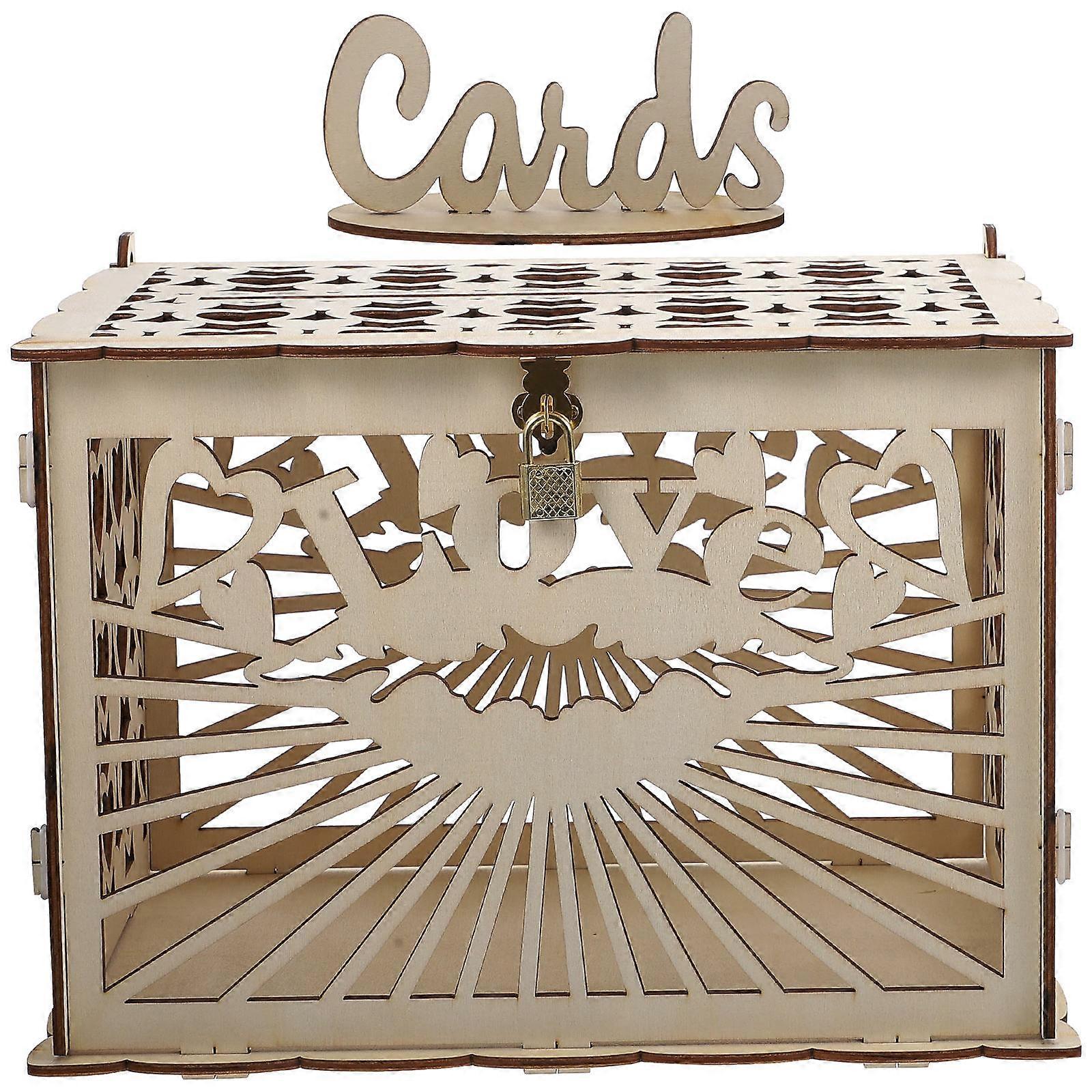 Wood Card Holder Bridal Shower Card Box Hollow Heart Shape 30X23CM Beige Wedding Style 1Set