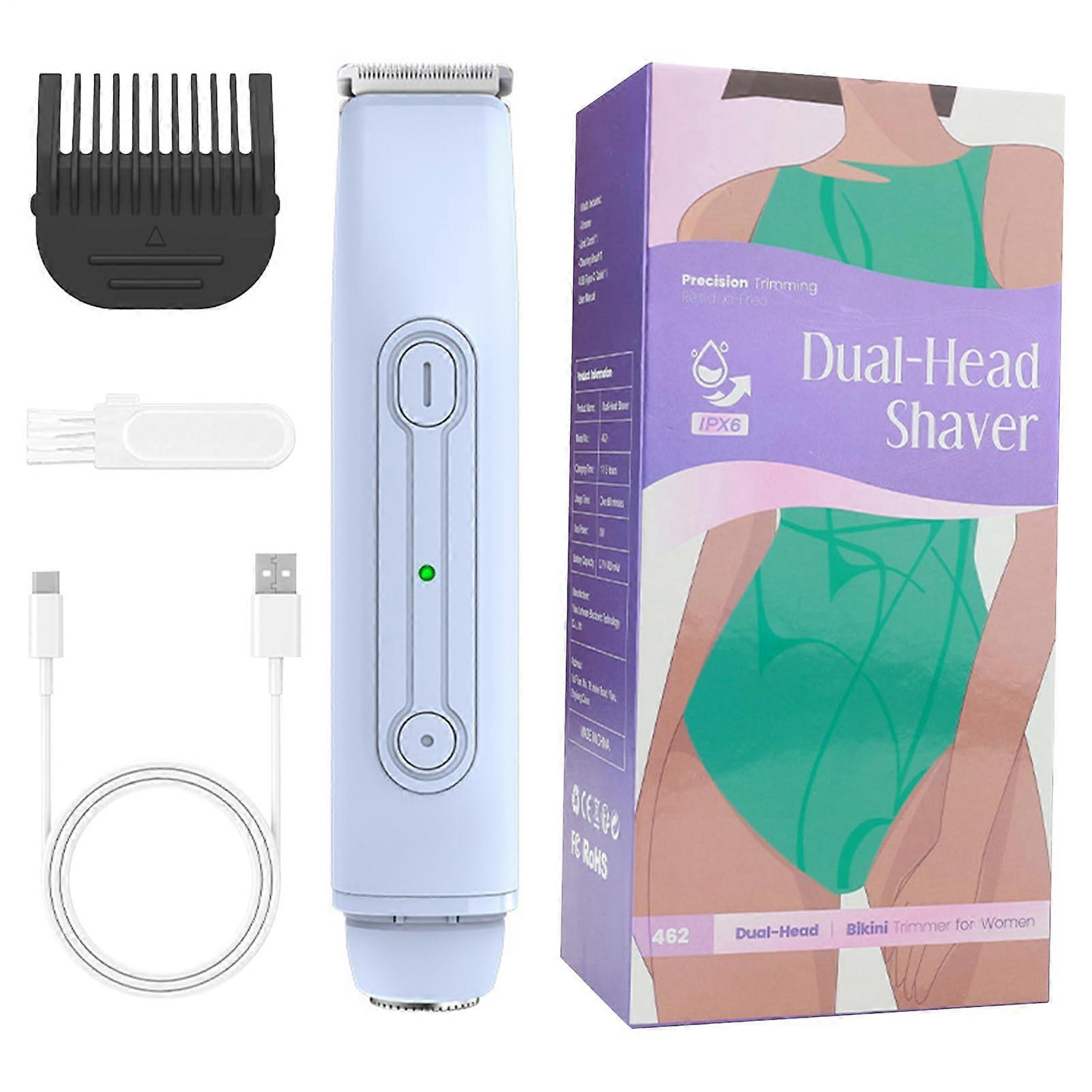 Bikini razor, waterproof, for pubic hair, rechargeable, double head for intimate areas, suitable for use at home and while traveling, blue