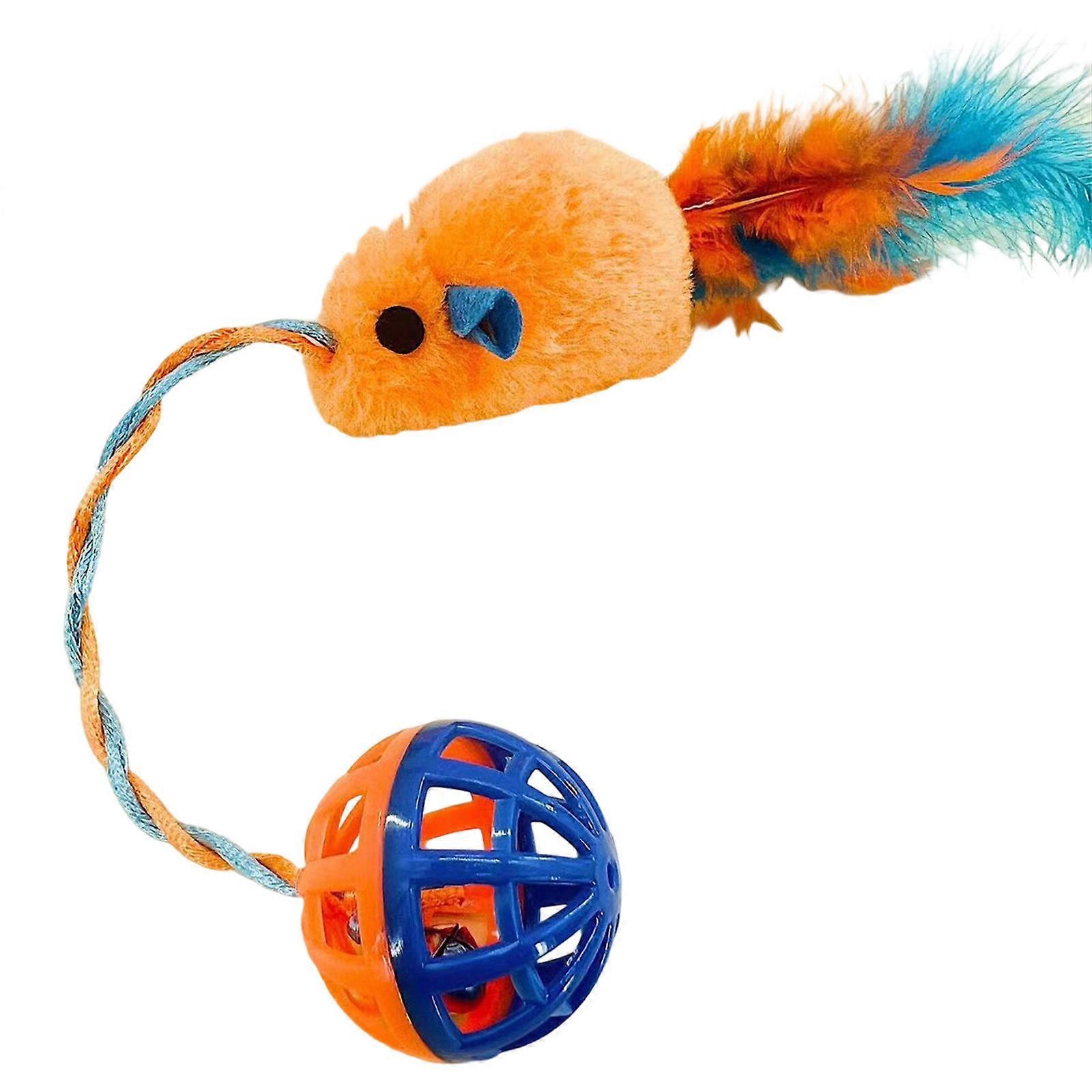 Pet Plaything Mouse With Attaches Ball Textured Cats Toy with Feathered For Biting Hunting And Mental Enrichment Orange