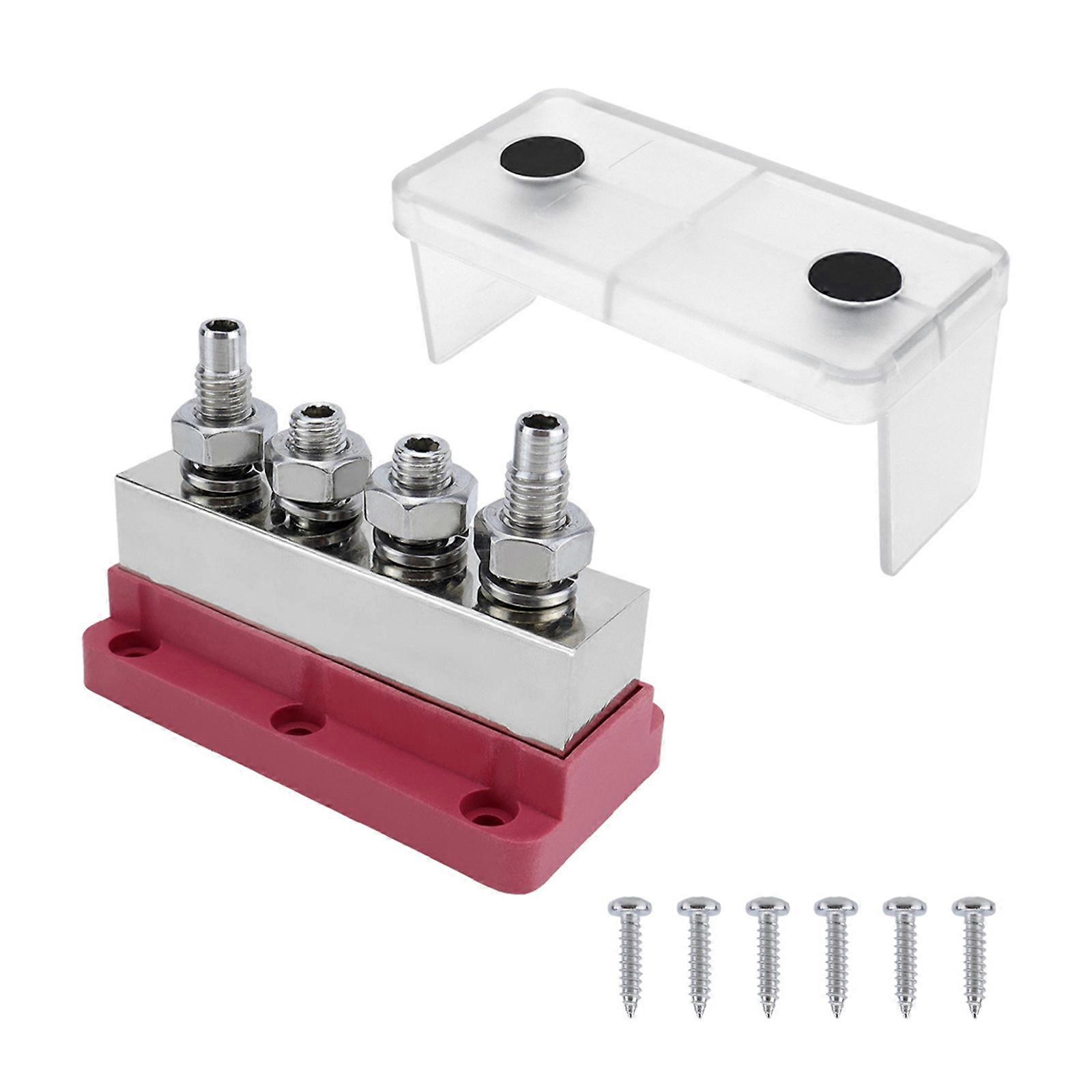 High Current 600A Bus Bar Nickel Plated Copper Distribution Block with 4 M10 Studs for Automotive and Marine Application  Red