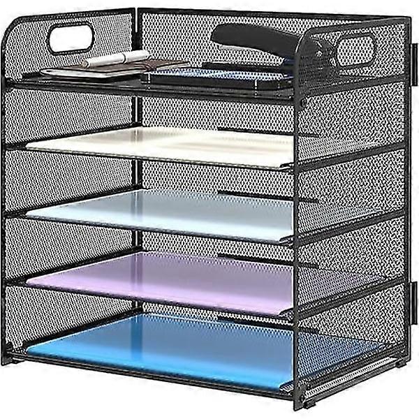 Supeasy 5 Compartment Paper Organizer with Handle - Mesh File/Letter Organizer, Black Paper Sorter for Office, Home or School
