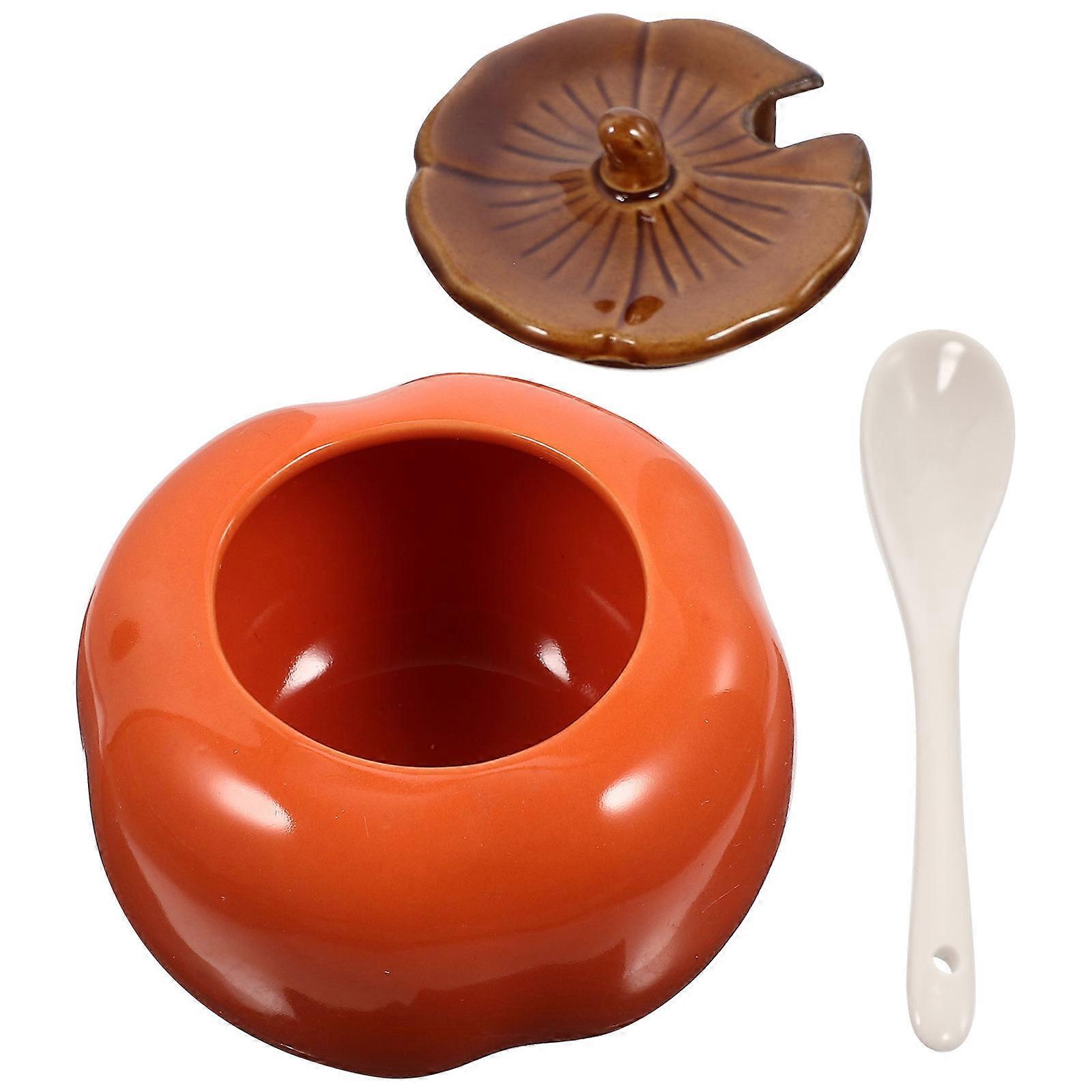Cute Persimmon Shaped Ceramic Seasoning Pot with Spoon for Storing Spices, Condiments, and Snacks – Ideal for Kitchen, Dining Table, and Picnics