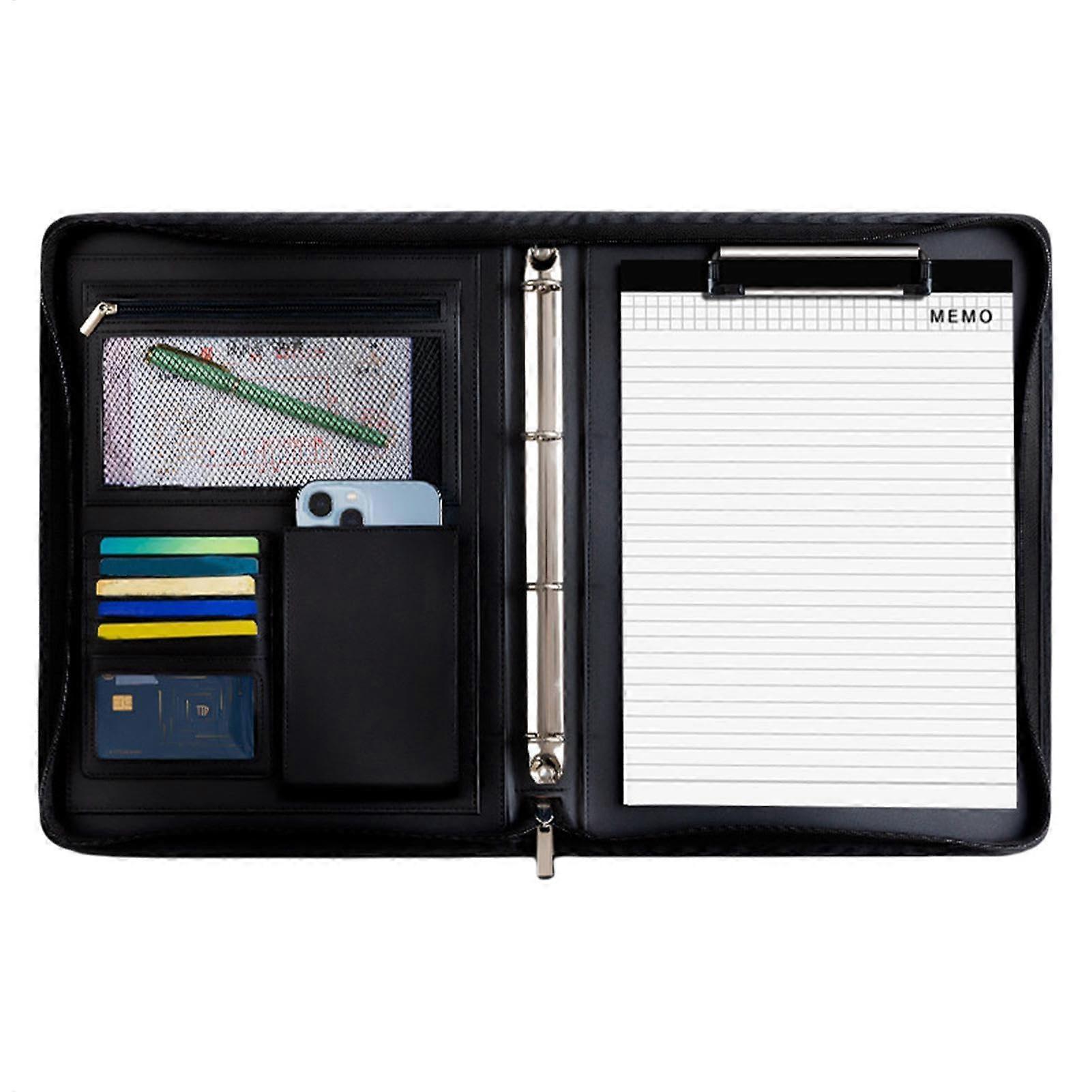 Leather Notepad Holder Padfolio With Zipper, Travel Organizer For Tablet, A4 Notepad, Black