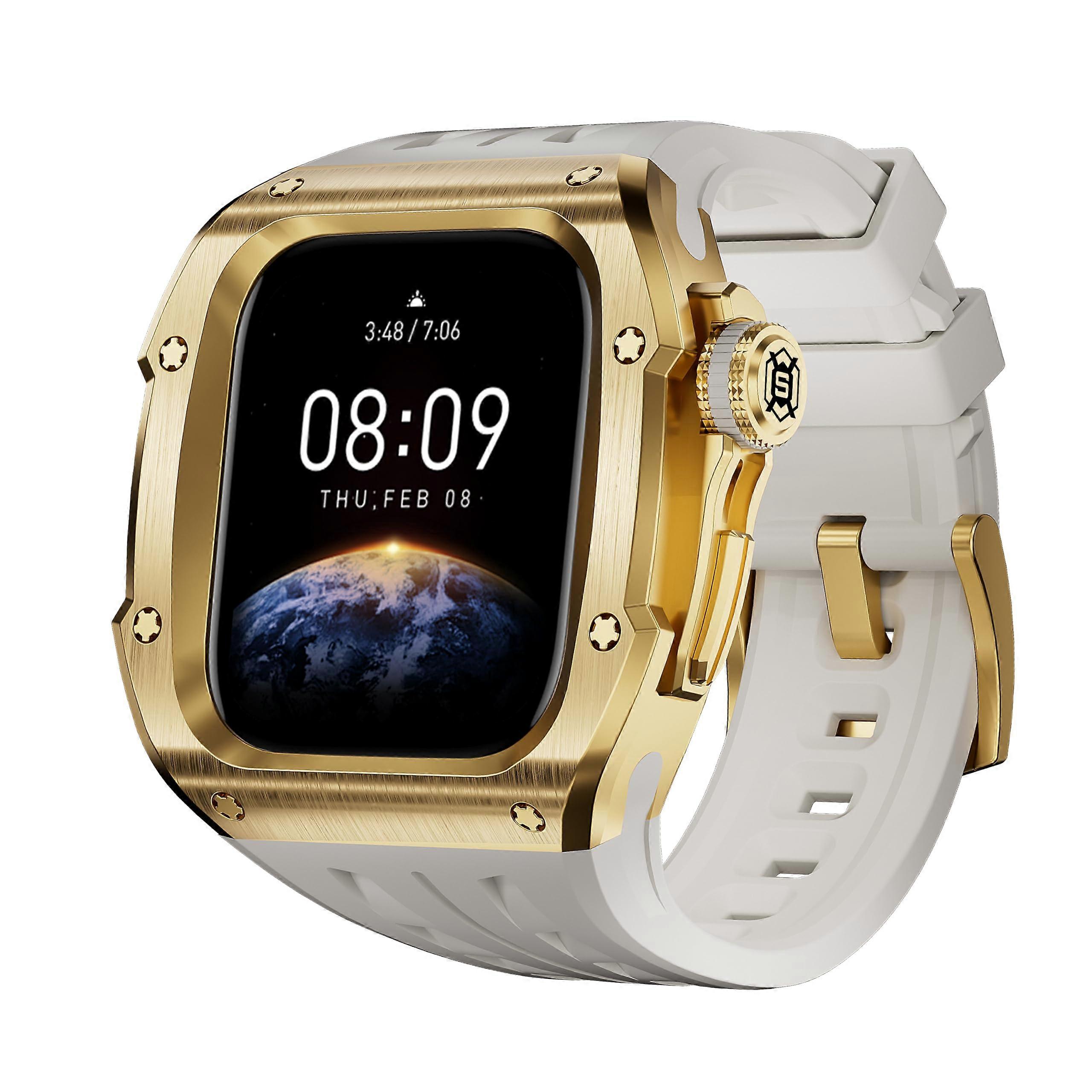 316L Stainless Steel Case Rubber Strap Mod Kit Set, for Apple Watch Series 10 46mm Watch Bands Gold White 46mm