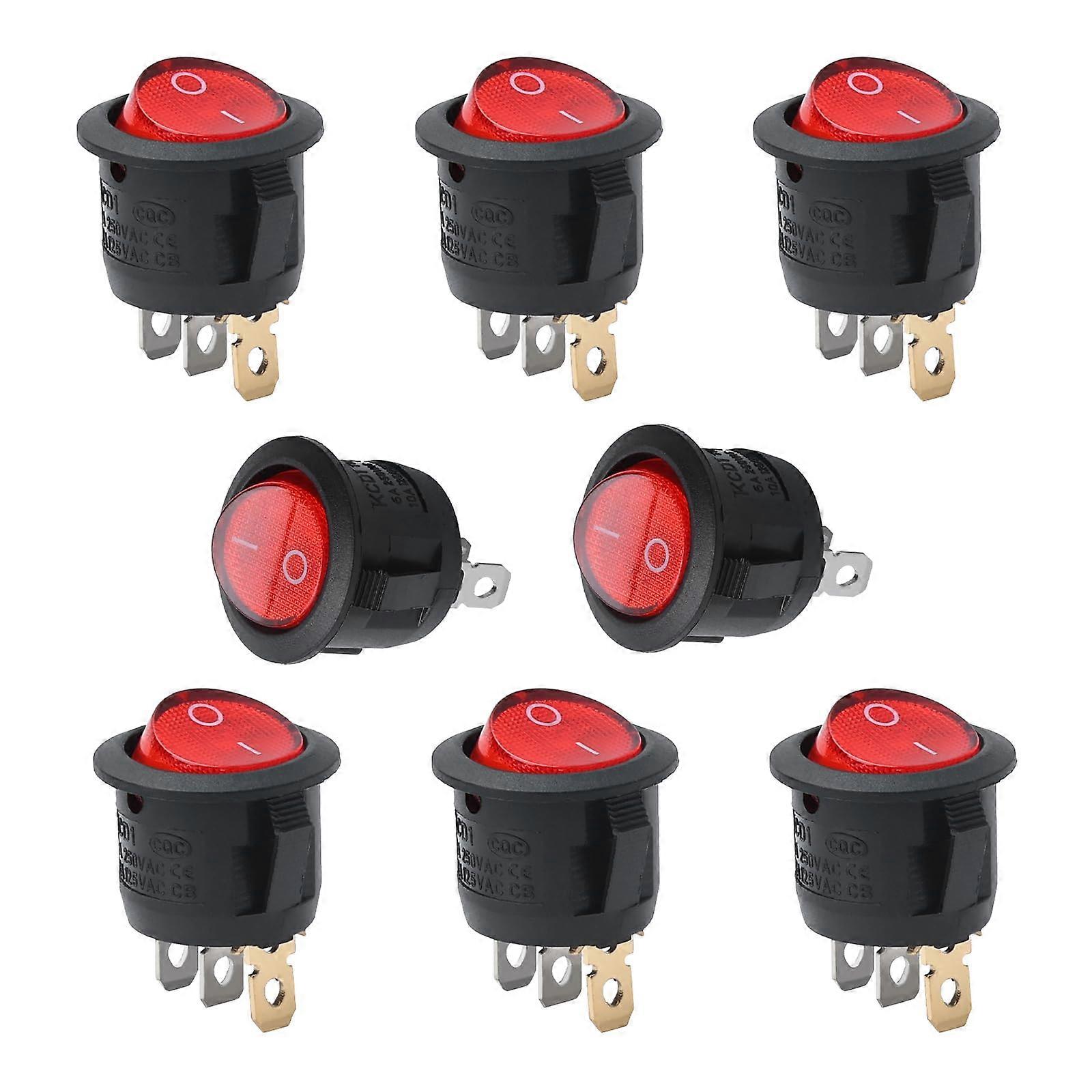 Pack of 8 Red Round 3 Pin Rocker Switch 250V 6A KCD1-5-101N for Household, Industrial and DIY Projects