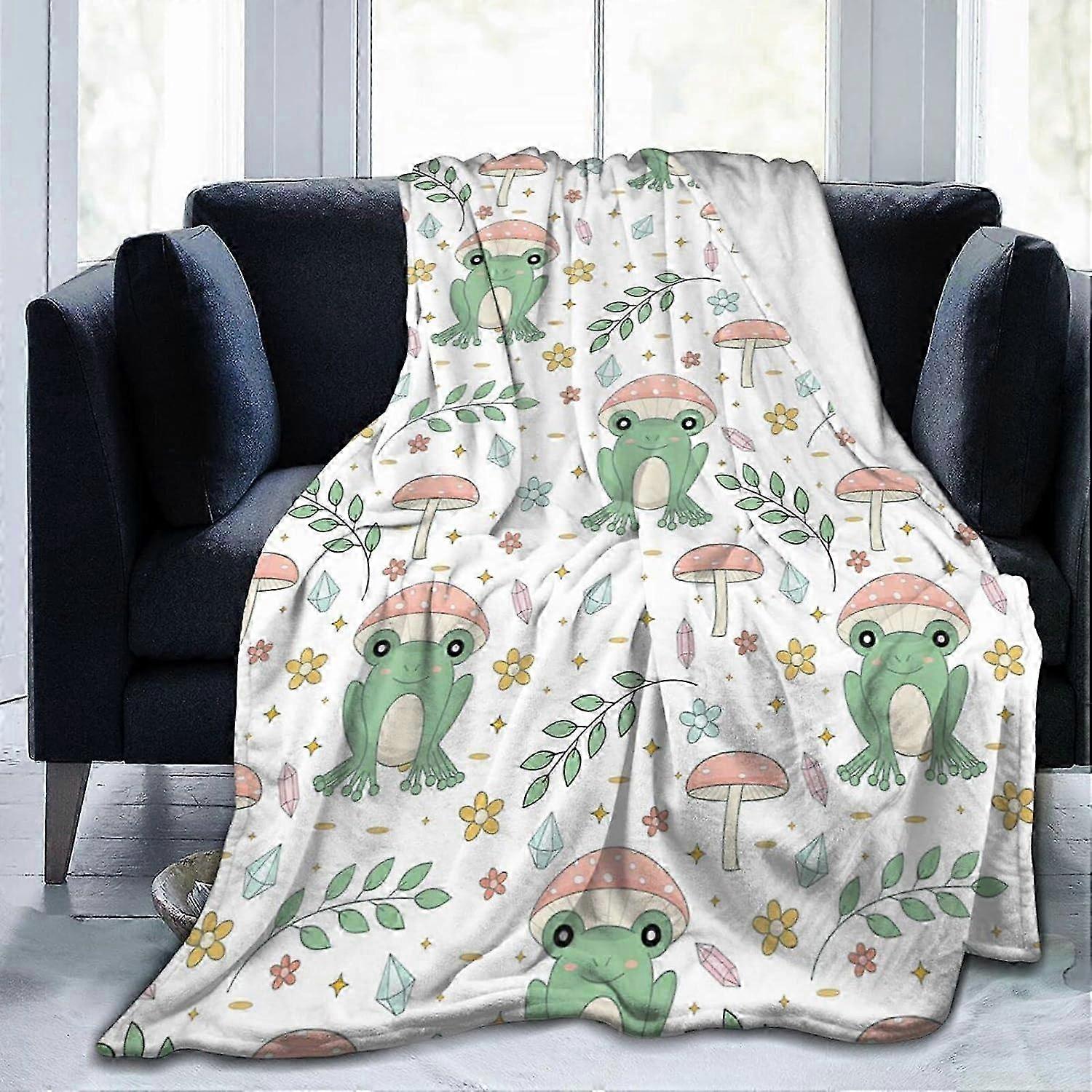Ultra Soft Fleece Throw Blanket with Frog & Mushroom Design - Cozy Plush Blanket for Couch, Bed, and Sofa - Lightweight Flannel Throw