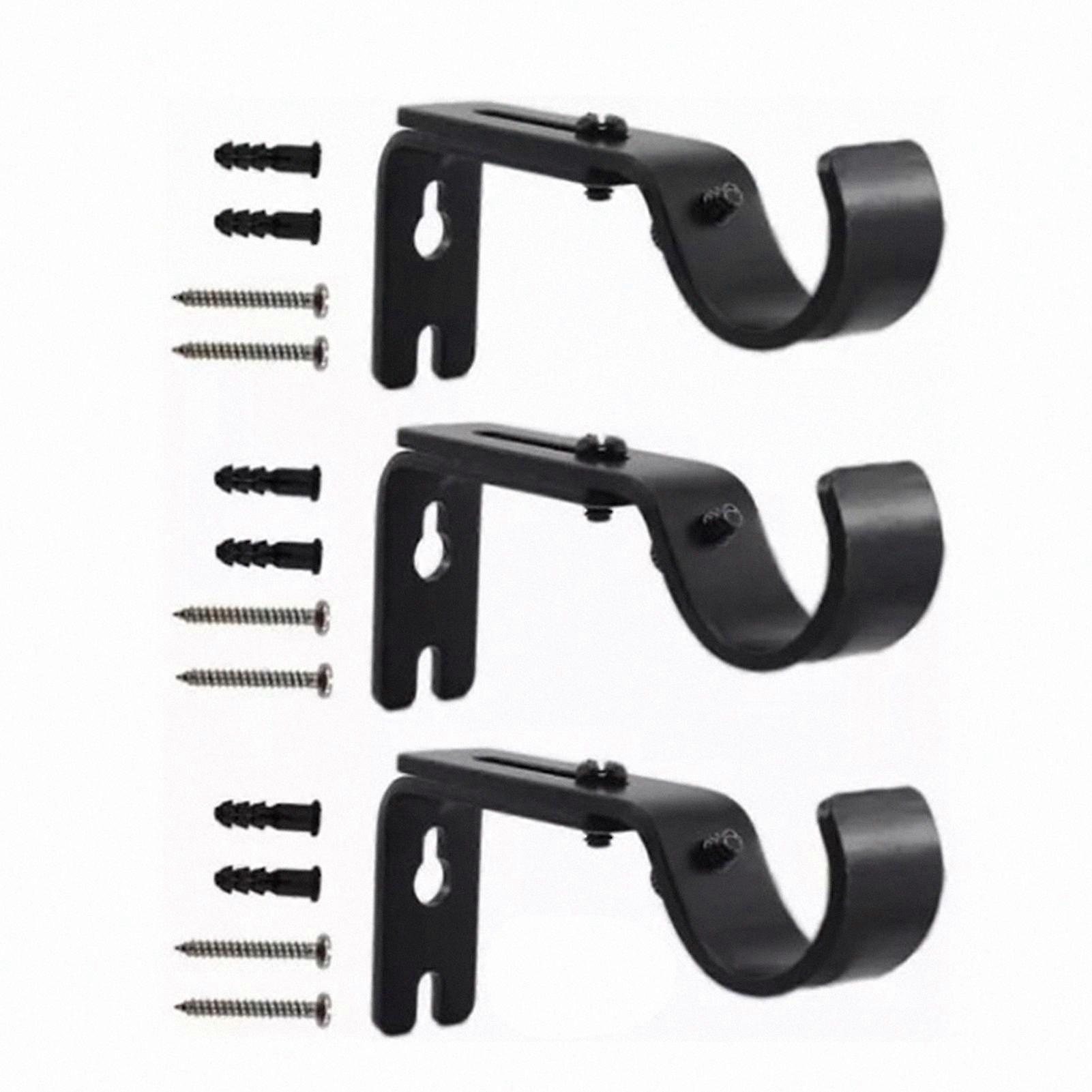 Black Iron Curtain Rod Brackets, 3 Pack Wall Mount Support Hangers for Adjustable Rods