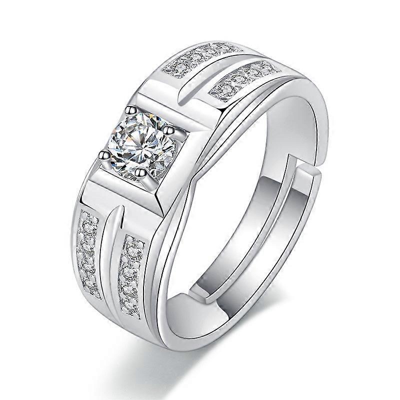 Men's Ring, European American Style Two Rows Cubic Zirconia Inlaid White Gold Plated Open Adjustable Simple Wedding Ring