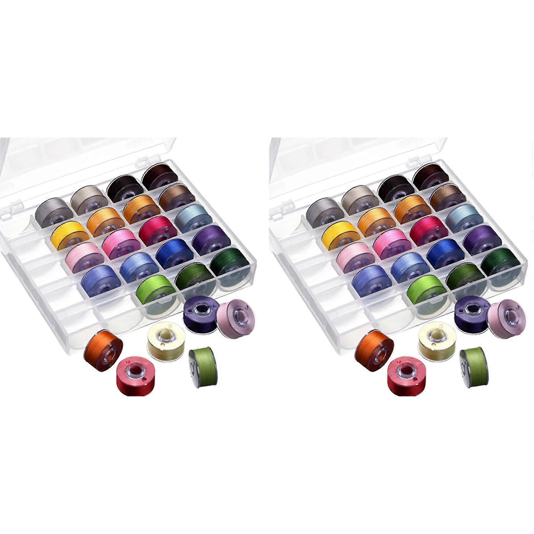 2X Bobbin Case Organizer with 25 Clear Sewing Machine Bobbins and Assorted Colors Sewing Thread for