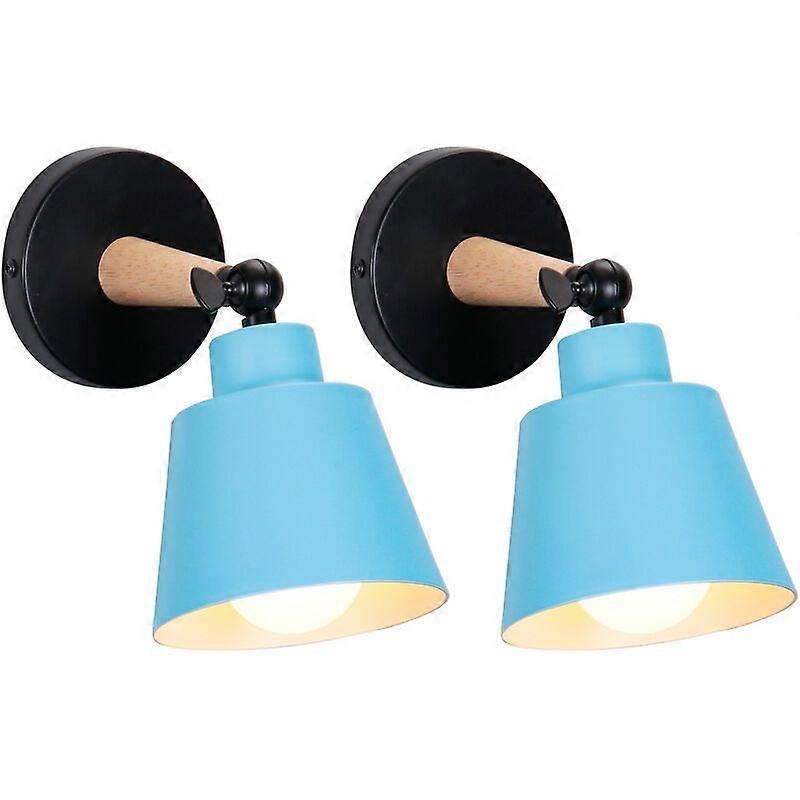 Set of 2 180 Adjustable Wall Light Iron and Wood Lamp E27 Modern Nordic Style Ceiling Light for Bedroom Bar Cafe Bathroom Matt Blue