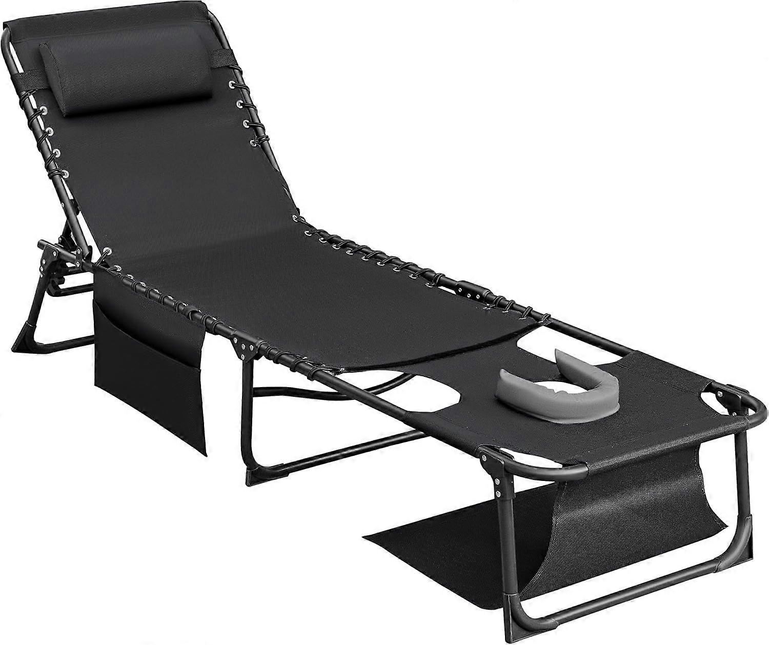 Foldable Chaise Lounge Chair 5-Position Adjustable with Side Pocket, Compatible with Sunbathing for Pool, Beach, Patio (Blue)