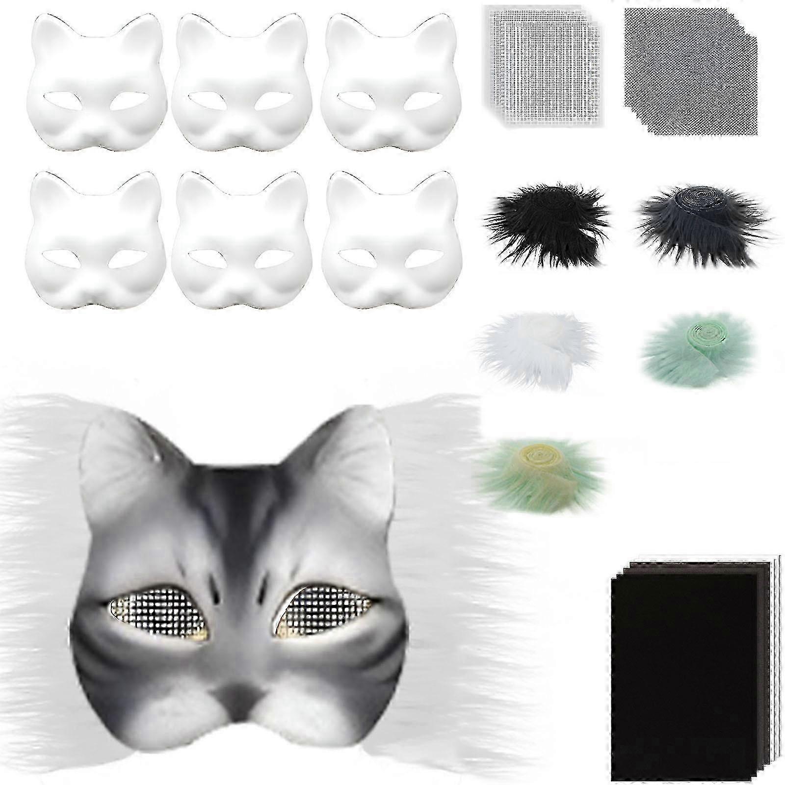 TheriansマスクセットDIY毛皮のような動物マスクハロウィンコスプレ用-毛皮付きキツネ猫マスク、アイメッシュ、フェルトシート