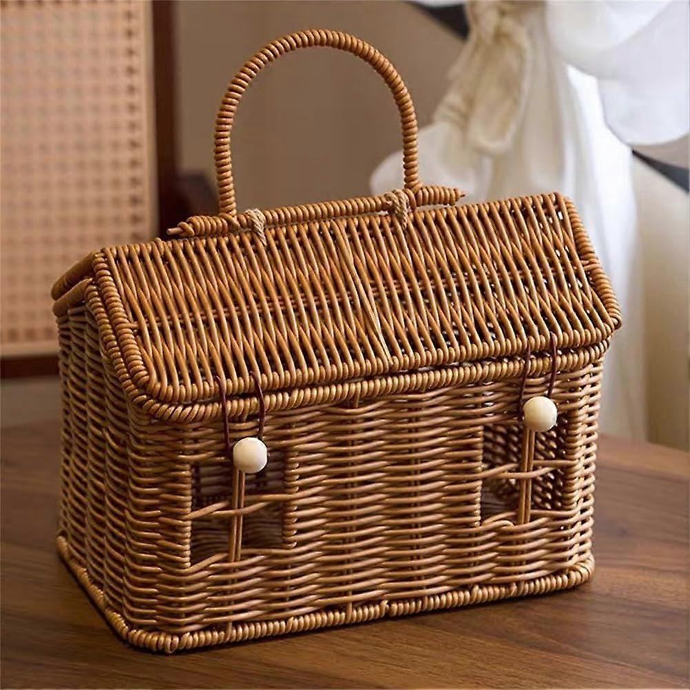 Rattan House Shape Storage Basket With Lid Model A1 Doll House Hand Woven Shelf Organizer With Handle Natural Harvest