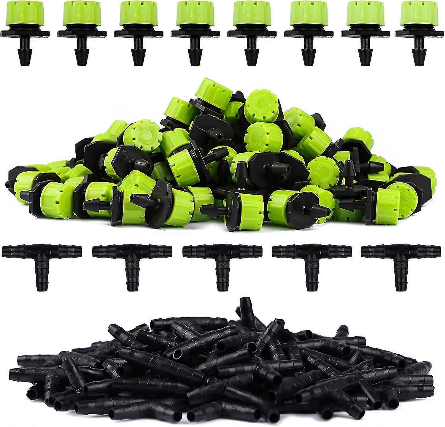 100pcs ירוק מתכוונן טפטף השקיה + 100pcstee צינור משותף מערכת השקיה טפטוף אוטומטי מיקרו ממטרות מטפטפות לחממה צמחית Diy Ga