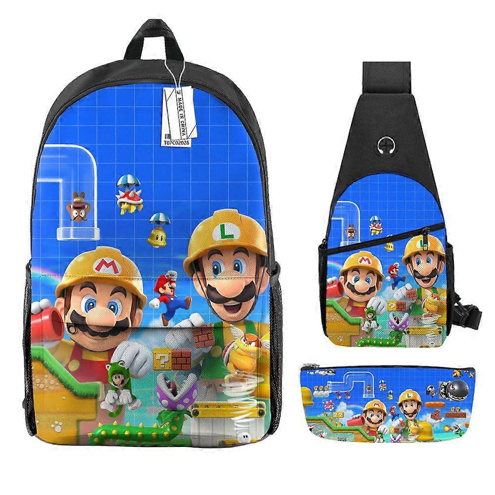 Kreskówka Super Mario Uczniowie szkół podstawowych i średnich Torba na ramię z nadrukiem o dużej pojemności Piórnik Torba szkolna Trzyczęściowy zestaw 28 -SJKDXV