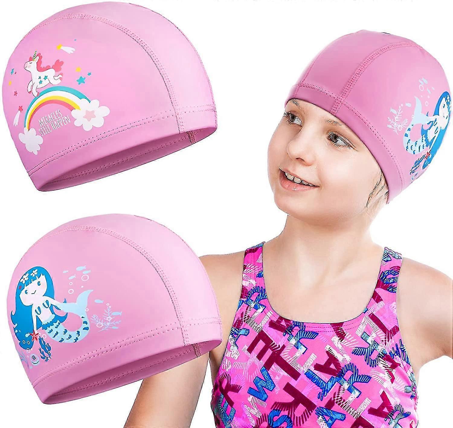 2 قطعة قبعات السباحة للأطفال ، طفل صغير ، أطفال ، بنين وبنات ، أطفال للماء الاستحمام قبعة السباحة لفترة طويلة و